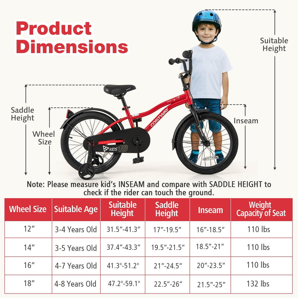 Costway 18 Kids Bike for 4-8 Years Old Boys & Girls with Adjustable Seat Handbrake Reflectors Red