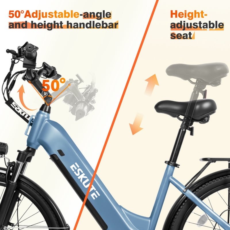 ESKUTE C200 Electric Bike for Adults, 1300W Peak Power Ebike, 28MPH Step-Thru E-Bicycle with 840Wh Removable Battery, Up to 70 Miles, 26 Tires, 7 Speed Adjustable Stem,white, UL2849
