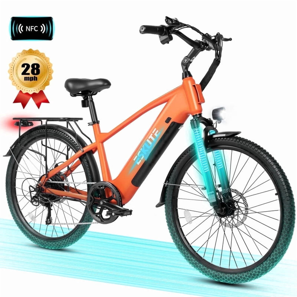 ESKUTE C200 70-Mile Electric Bike for Adults with 840Wh Removable Battery, 1300W Peak Power Ebike, Up to 28MPH Speed, 26 Tires, 7-Speed Adjustable Stem Step-Over E-Bicycle,Orange, UL2849