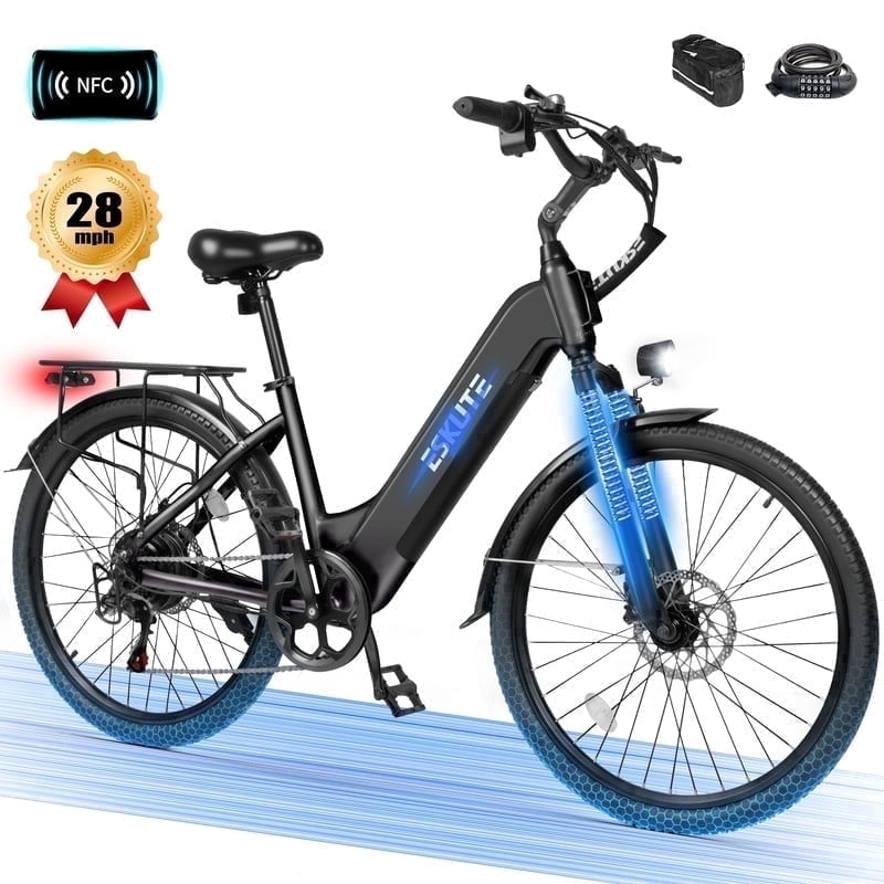 ESKUTE C200 Electric Bike for Adults, 1300W Peak Power Ebike, 28MPH Step-Thru E-Bicycle with 840Wh Removable Battery, Up to 70 Miles, 26 Tires, 7 Speed Adjustable Stem,white, UL2849
