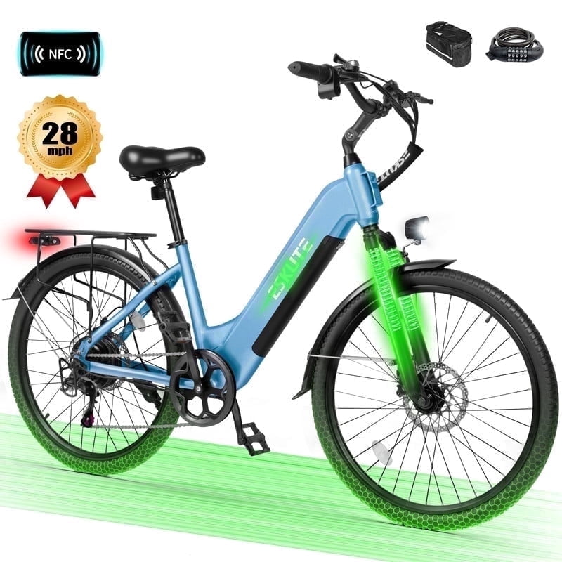 ESKUTE C200 Electric Bike for Adults, 1300W Peak Power Ebike, 28MPH Step-Thru E-Bicycle with 840Wh Removable Battery, Up to 70 Miles, 26 Tires, 7 Speed Adjustable Stem,white, UL2849