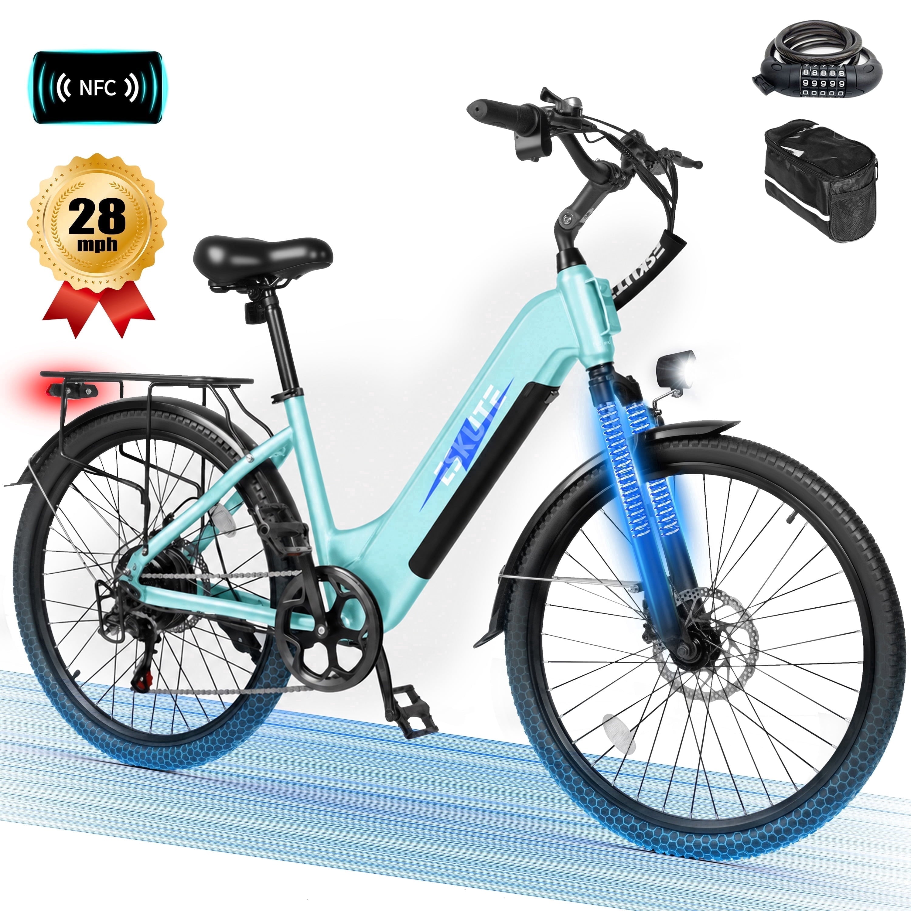 ESKUTE C200 Electric Bike for Adults, 1300W Peak Power Ebike, 28MPH Step-Thru E-Bicycle with 840Wh Removable Battery, Up to 70 Miles, 26 Tires, 7 Speed Adjustable Stem,white, UL2849