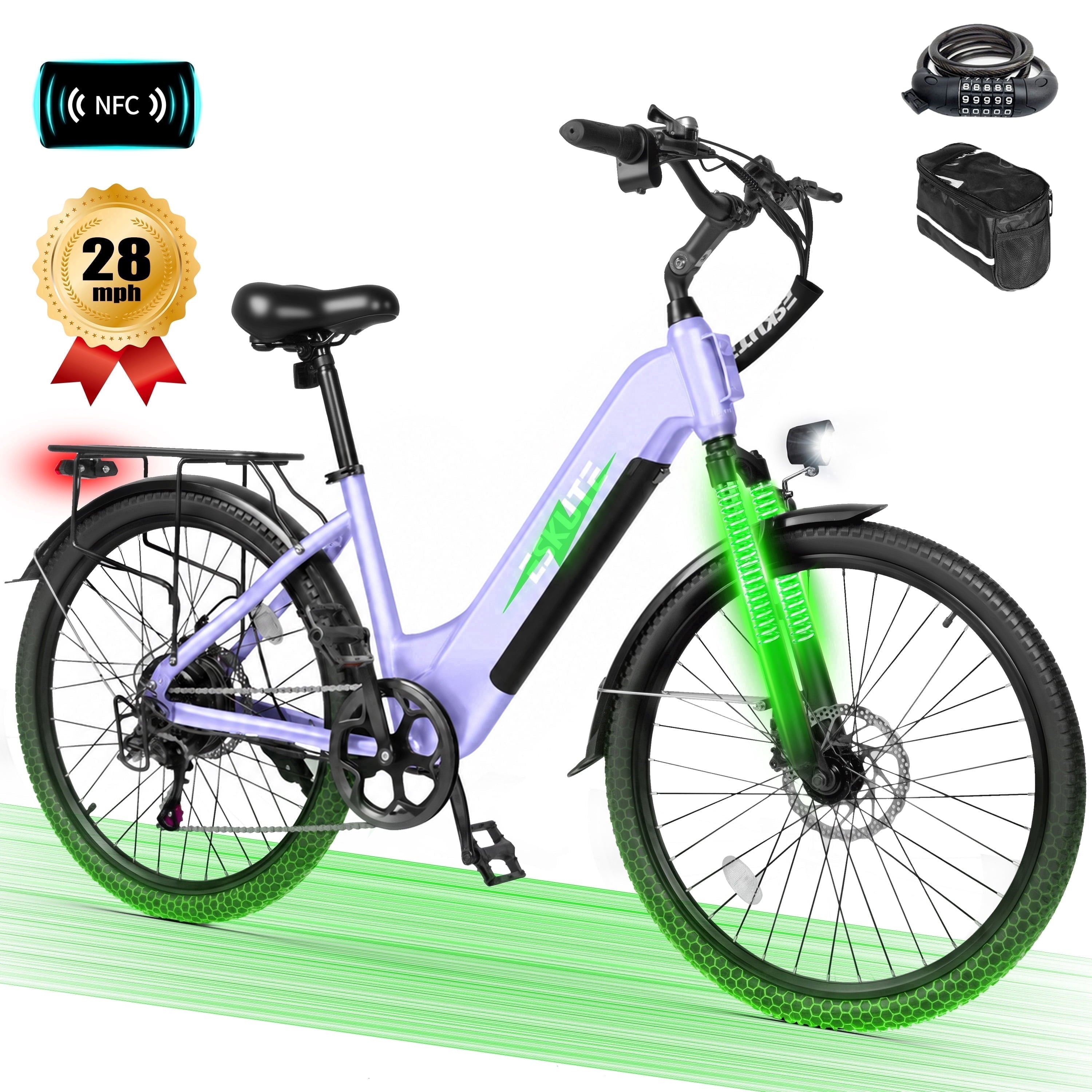 ESKUTE C200 Electric Bike for Adults, 1300W Peak Power Ebike, 28MPH Step-Thru E-Bicycle with 840Wh Removable Battery, Up to 70 Miles, 26 Tires, 7 Speed Adjustable Stem,white, UL2849