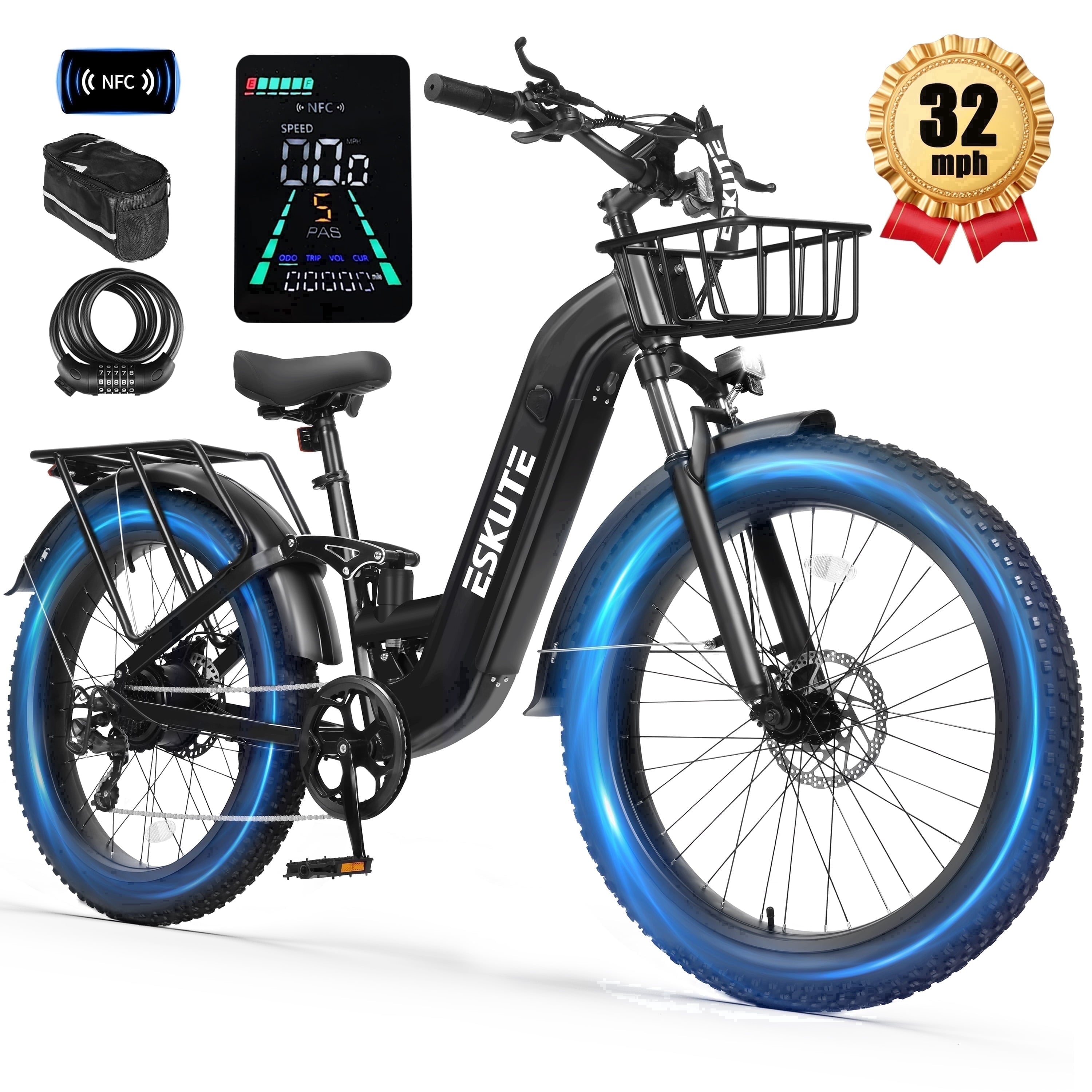 ESKUTE C300 1500W Electric Bike for Adults, 48V 20.8Ah Battery, 32MPH, 80 Miles Range, 26x4.0 Fat Tire Step-Thru Ebike, Full Suspension Electric Bicycle, 8-Speed Pink, UL2849