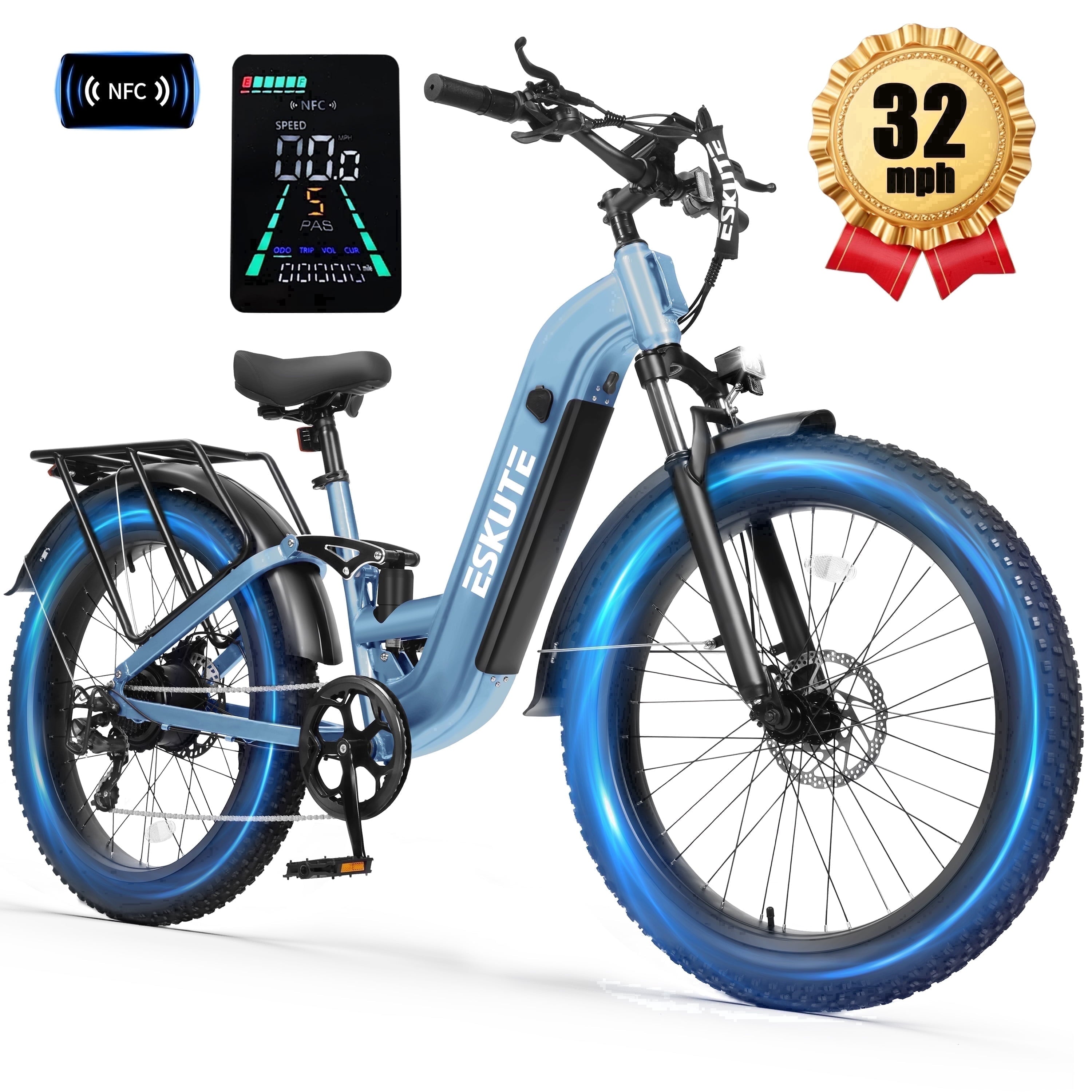 ESKUTE C300 1500W Electric Bike for Adults, 48V 20.8Ah Battery, 32MPH, 80 Miles Range, 26x4.0 Fat Tire Step-Thru Ebike, Full Suspension Electric Bicycle, 8-Speed Pink, UL2849