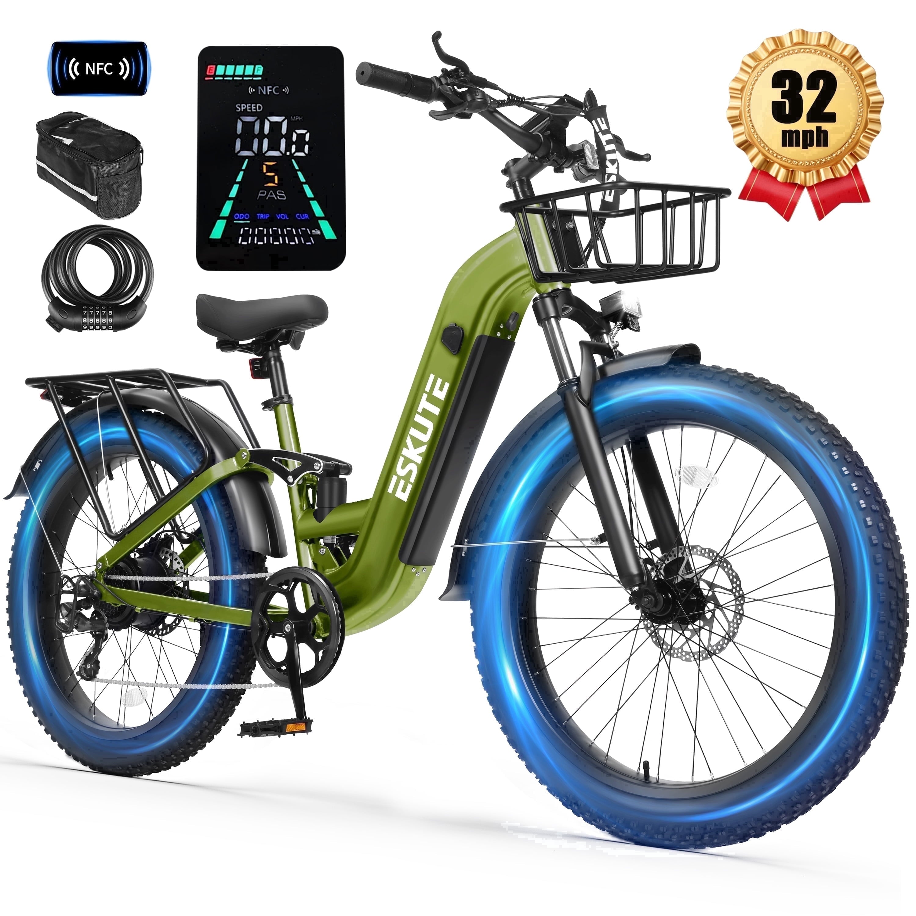 ESKUTE C300 1500W Electric Bike for Adults, 48V 20.8Ah Battery, 32MPH, 80 Miles Range, 26x4.0 Fat Tire Step-Thru Ebike, Full Suspension Electric Bicycle, 8-Speed Pink, UL2849