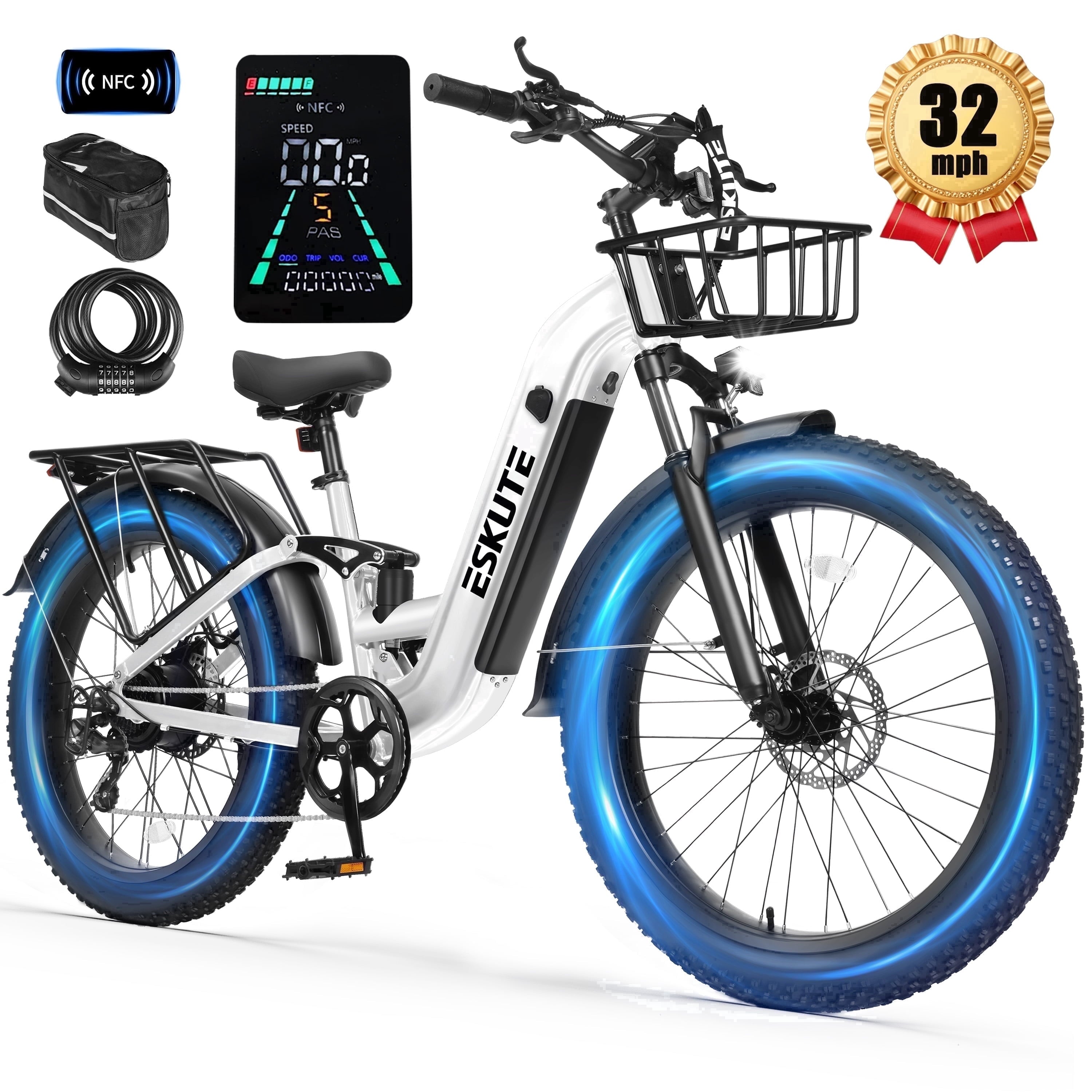 ESKUTE C300 1500W Electric Bike for Adults, 48V 20.8Ah Battery, 32MPH, 80 Miles Range, 26x4.0 Fat Tire Step-Thru Ebike, Full Suspension Electric Bicycle, 8-Speed Pink, UL2849