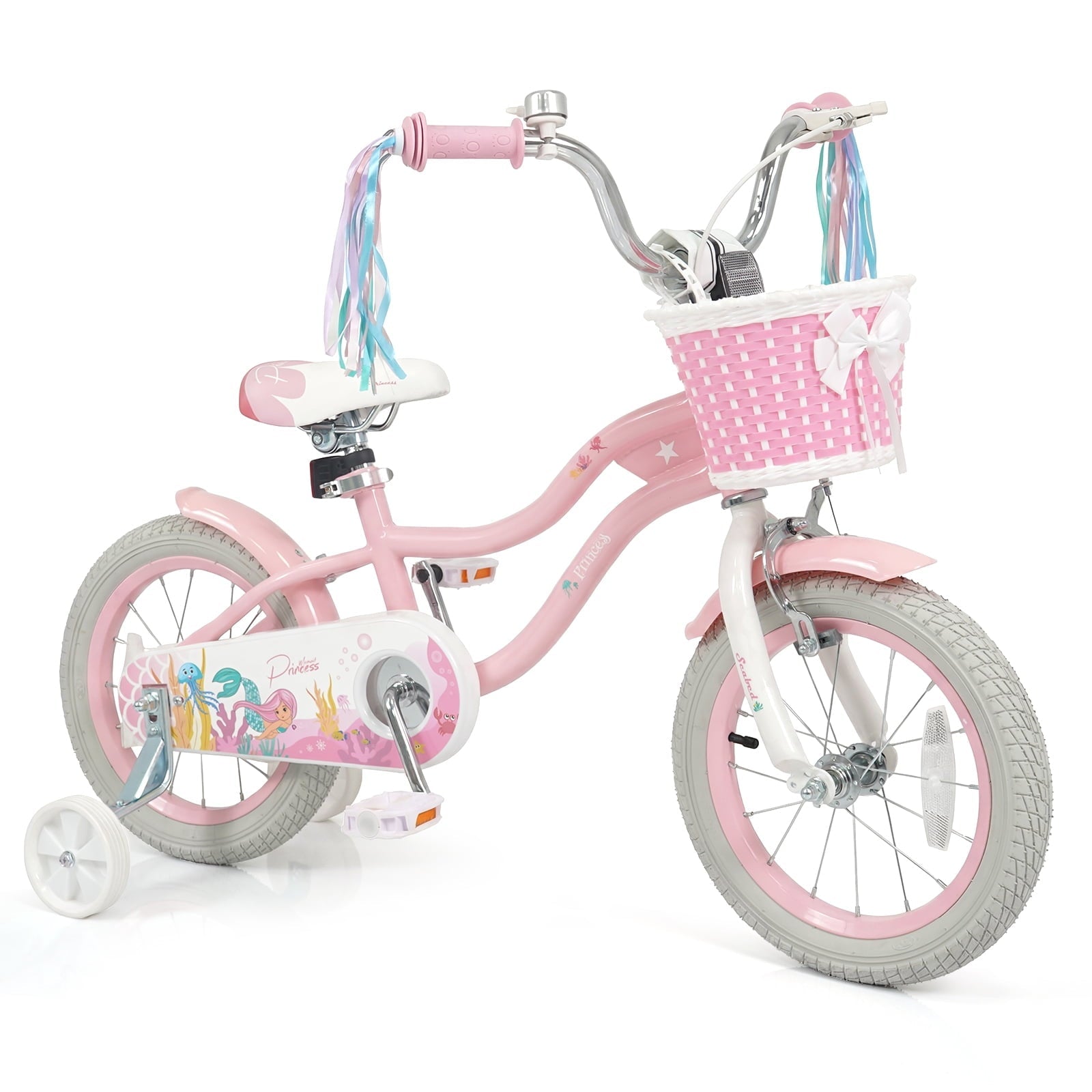 Costway 14 Kids Bike with Training Wheels Hand Coaster Brakes Adjustable Seat Handlebar Pink
