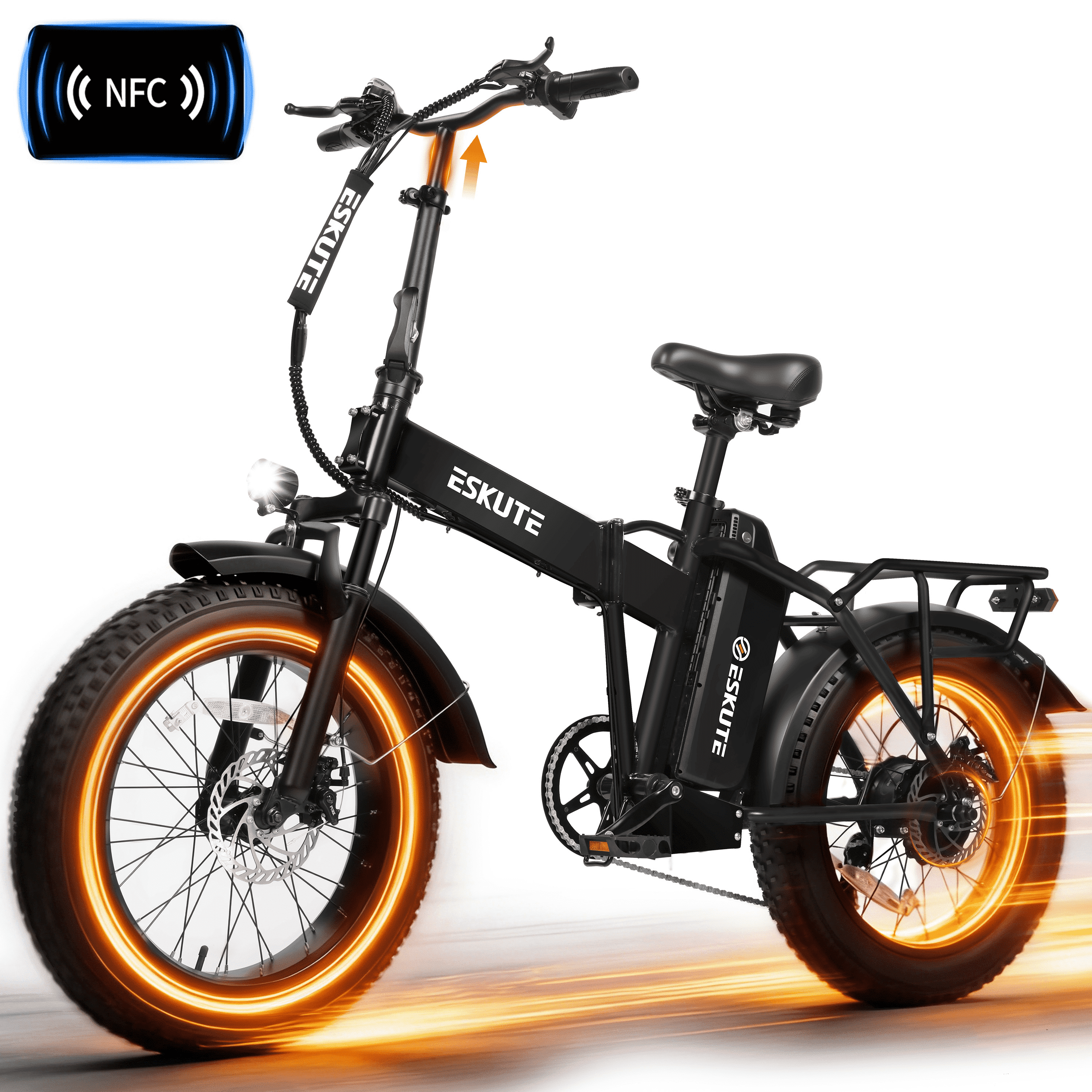 ESKUTE D300 Electric Bike for Adults, Folding Ebike with 1200W Peak Motor 28MPH, 48V 20.8Ah Removable Battery, 20x4.0 Fat Tires, 80 Miles 7-Speed Gear, NFC Unlock,Black, UL2849