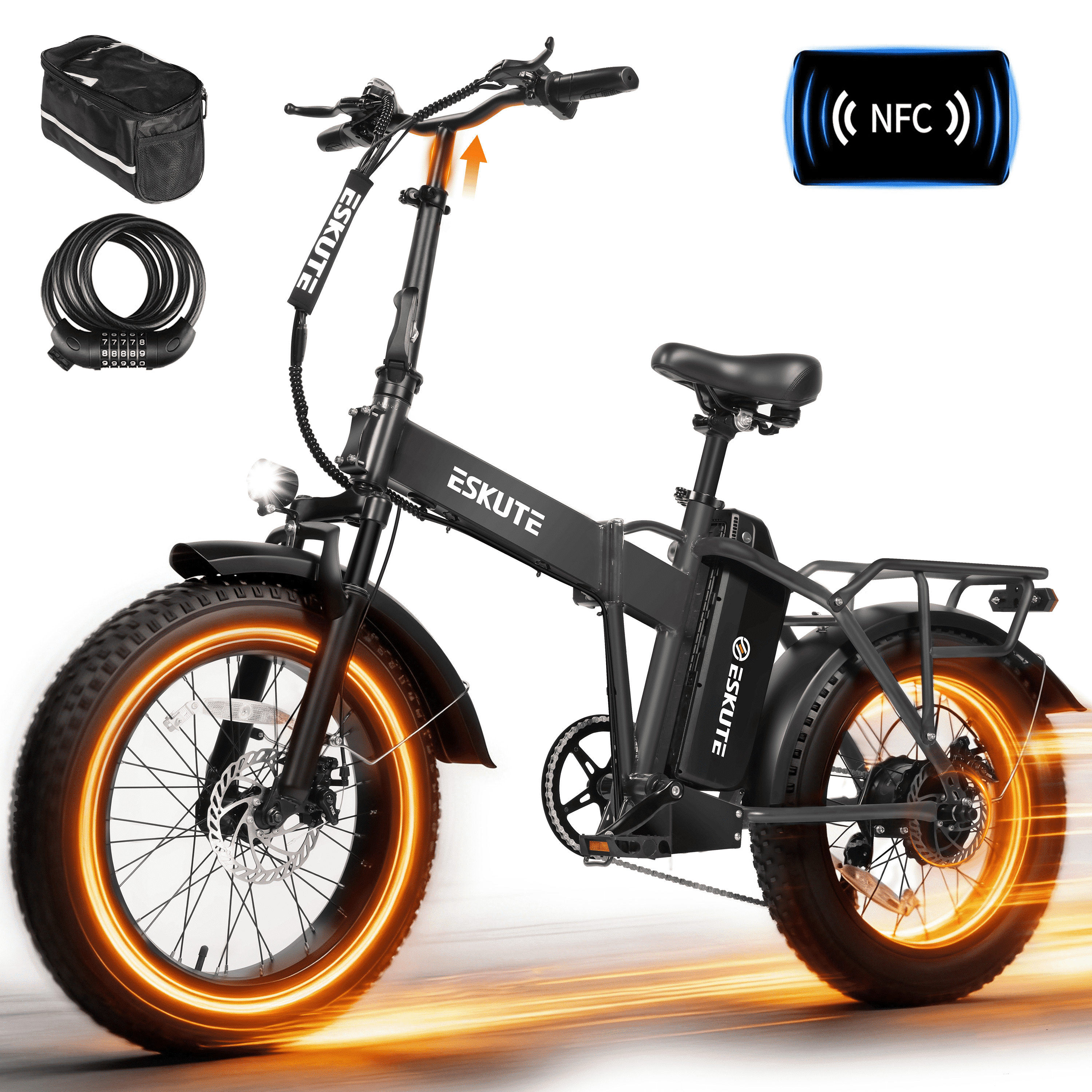 ESKUTE D300 Electric Bike for Adults, Folding Ebike with 1200W Peak Motor 28MPH, 48V 20.8Ah Removable Battery, 20x4.0 Fat Tires, 80 Miles 7-Speed Gear, NFC Unlock,Black, UL2849