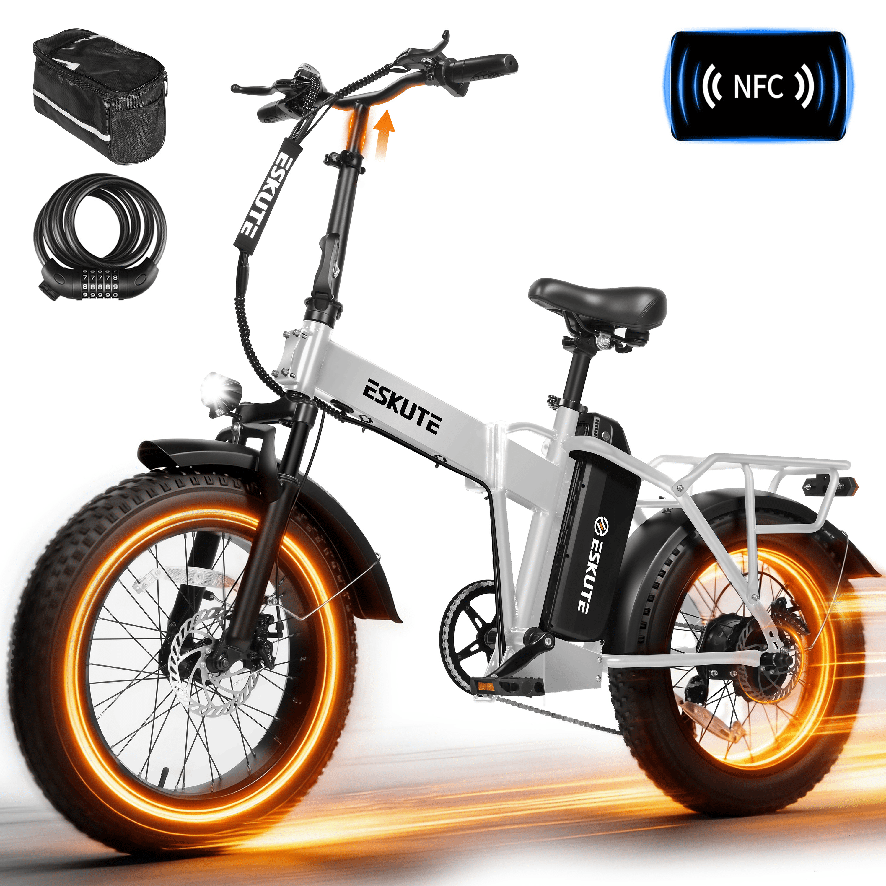ESKUTE D300 Electric Bike for Adults, Folding Ebike with 1200W Peak Motor 28MPH, 48V 20.8Ah Removable Battery, 20x4.0 Fat Tires, 80 Miles 7-Speed Gear, NFC Unlock,Black, UL2849