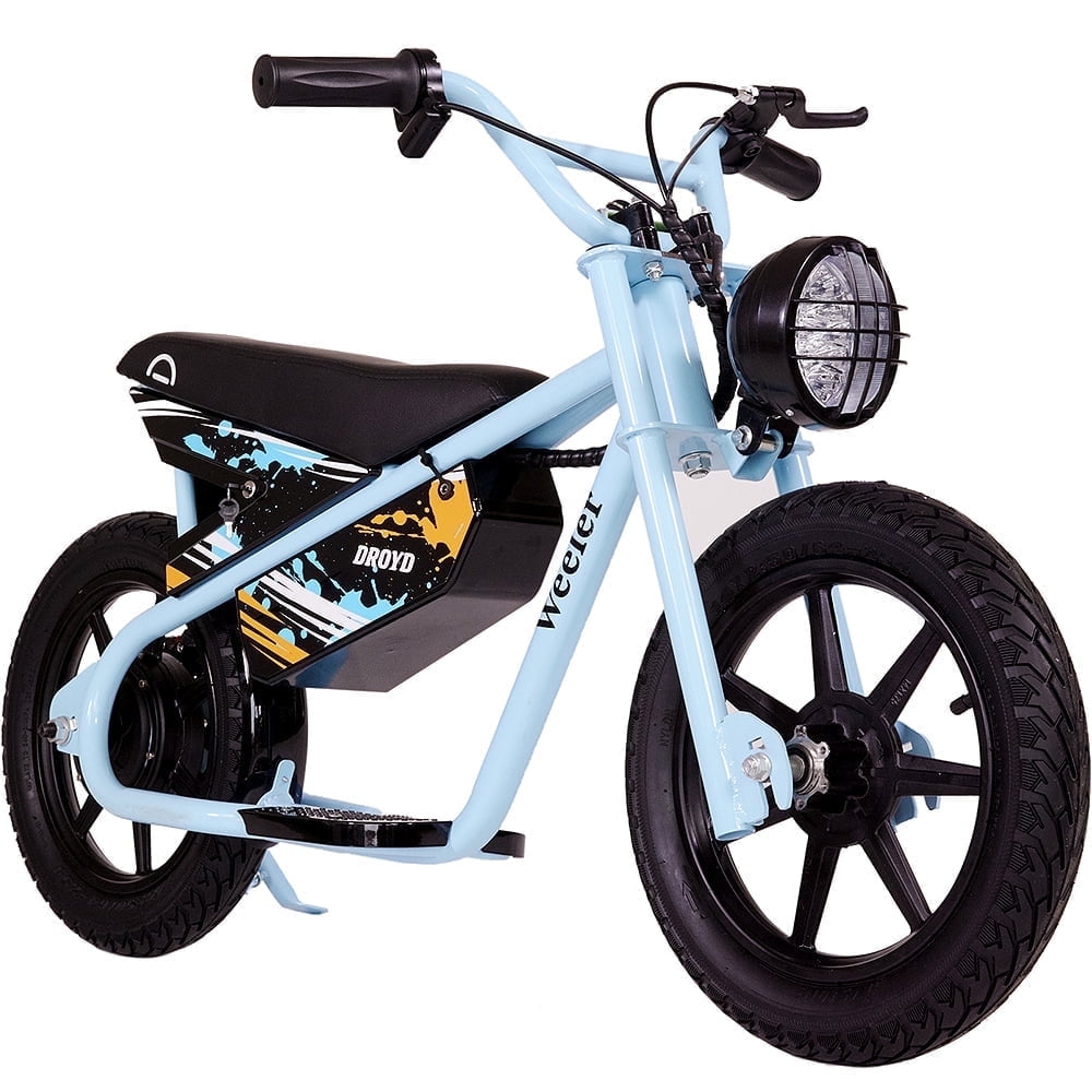 Droyd Weeler Electric Mini Bike - 24V 8Ah Battery, 6-10 MPH, Up to 8 Miles, LED Lights, Kids Ages 6+ - Blue