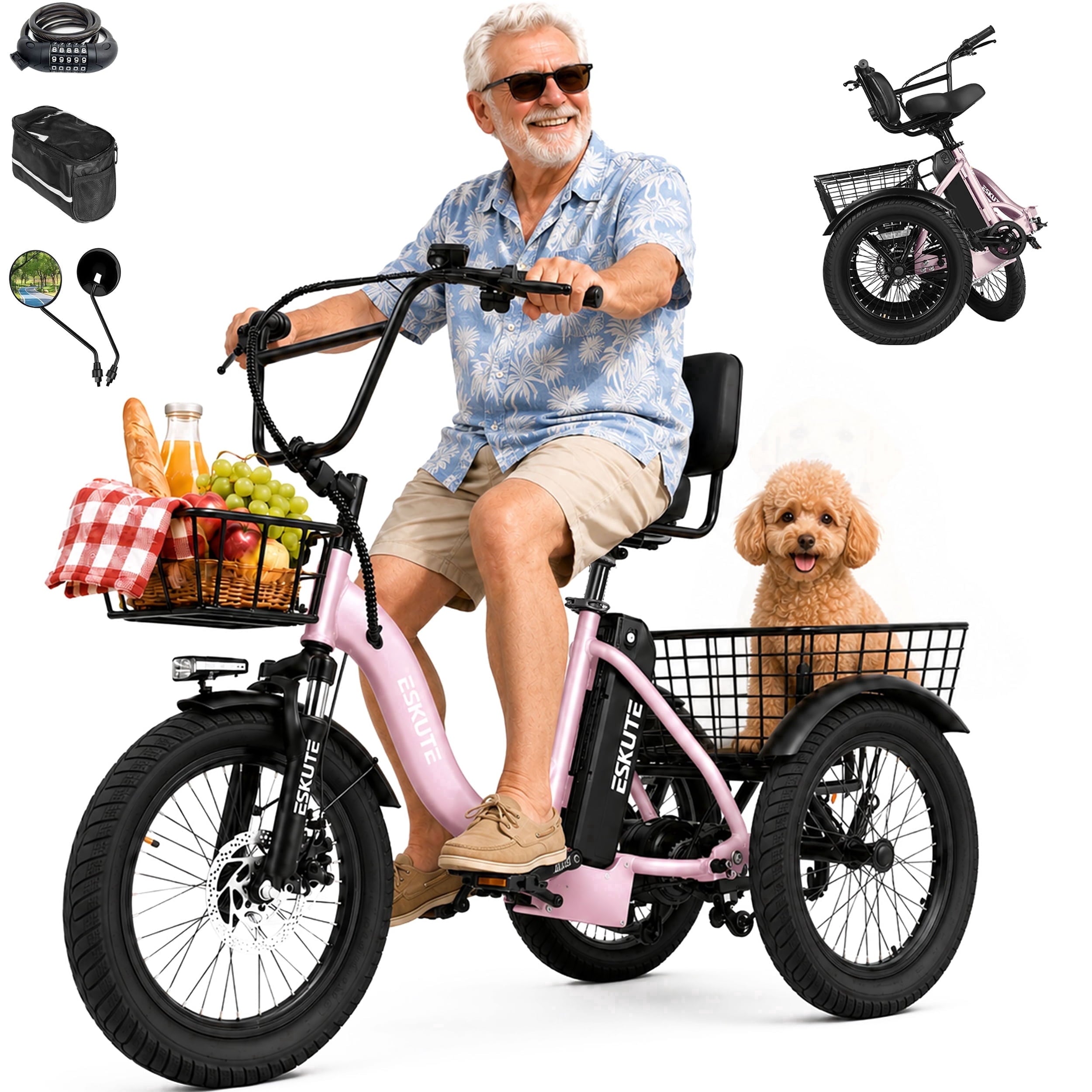 ESKUTE Electric Tricycle for Adults, 1200W Peak Motor, Up to 55 Miles Range, 624Wh Removable Battery, Folding 3-Wheel Ebike with 18x3.0 Fat Tires, Step-Through Red, UL2849