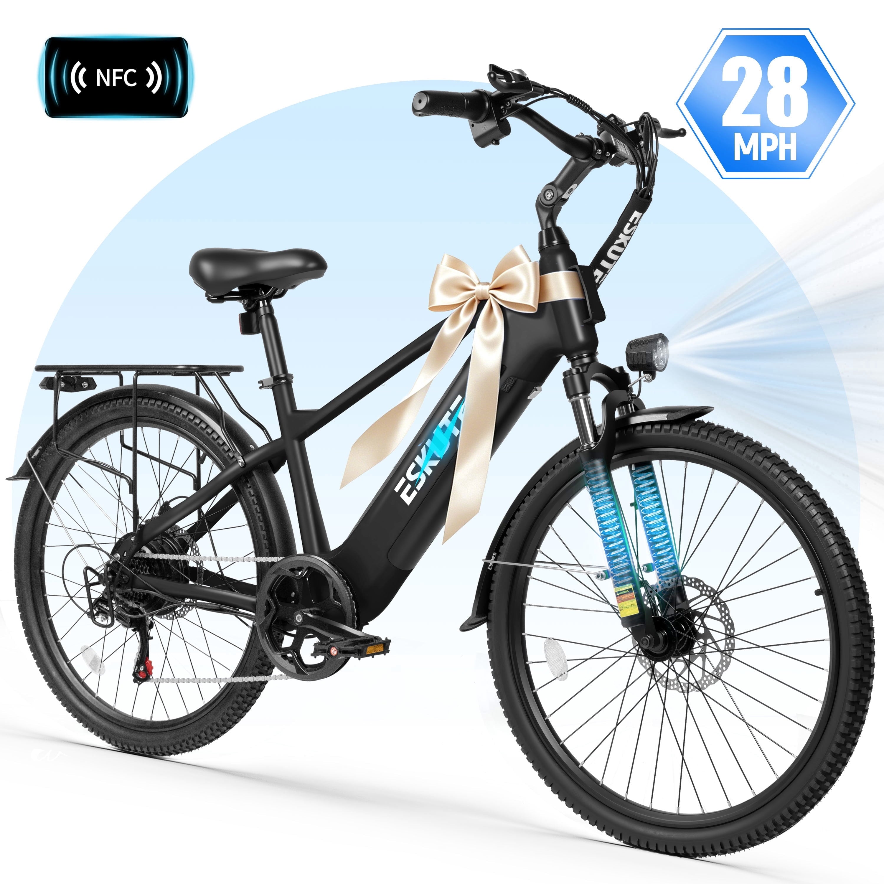 ESKUTE C200D 70-Mile Electric Bike for Adults, 840Wh Removable Battery, 1300W Peak Motor, Up to 28MPH, 26 Tires, 7-Speed Step-Over E-Bike White, UL2849