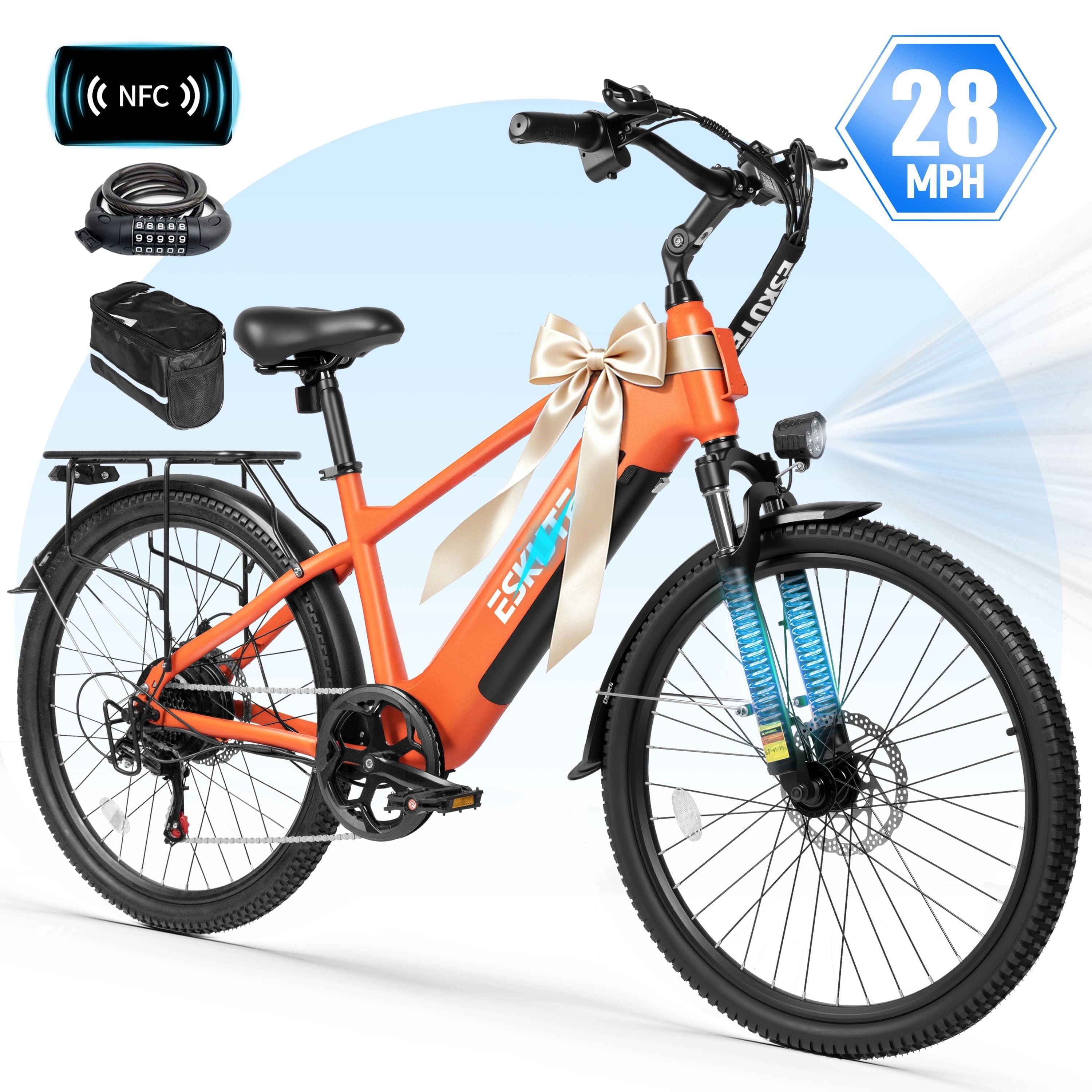 ESKUTE C200D 70-Mile Electric Bike for Adults, 840Wh Removable Battery, 1300W Peak Motor, Up to 28MPH, 26 Tires, 7-Speed Step-Over E-Bike White, UL2849