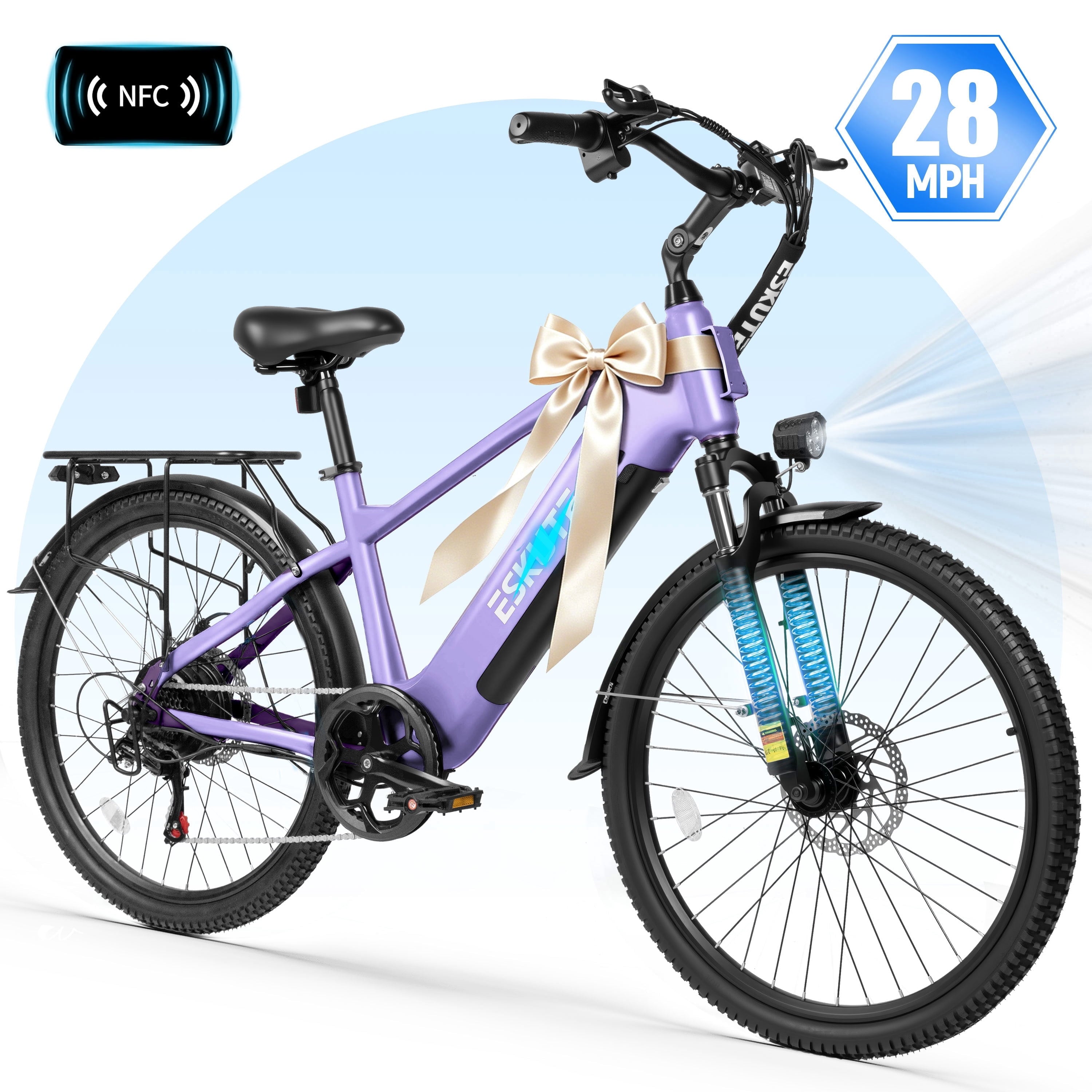 ESKUTE C200D 70-Mile Electric Bike for Adults, 840Wh Removable Battery, 1300W Peak Motor, Up to 28MPH, 26 Tires, 7-Speed Step-Over E-Bike White, UL2849