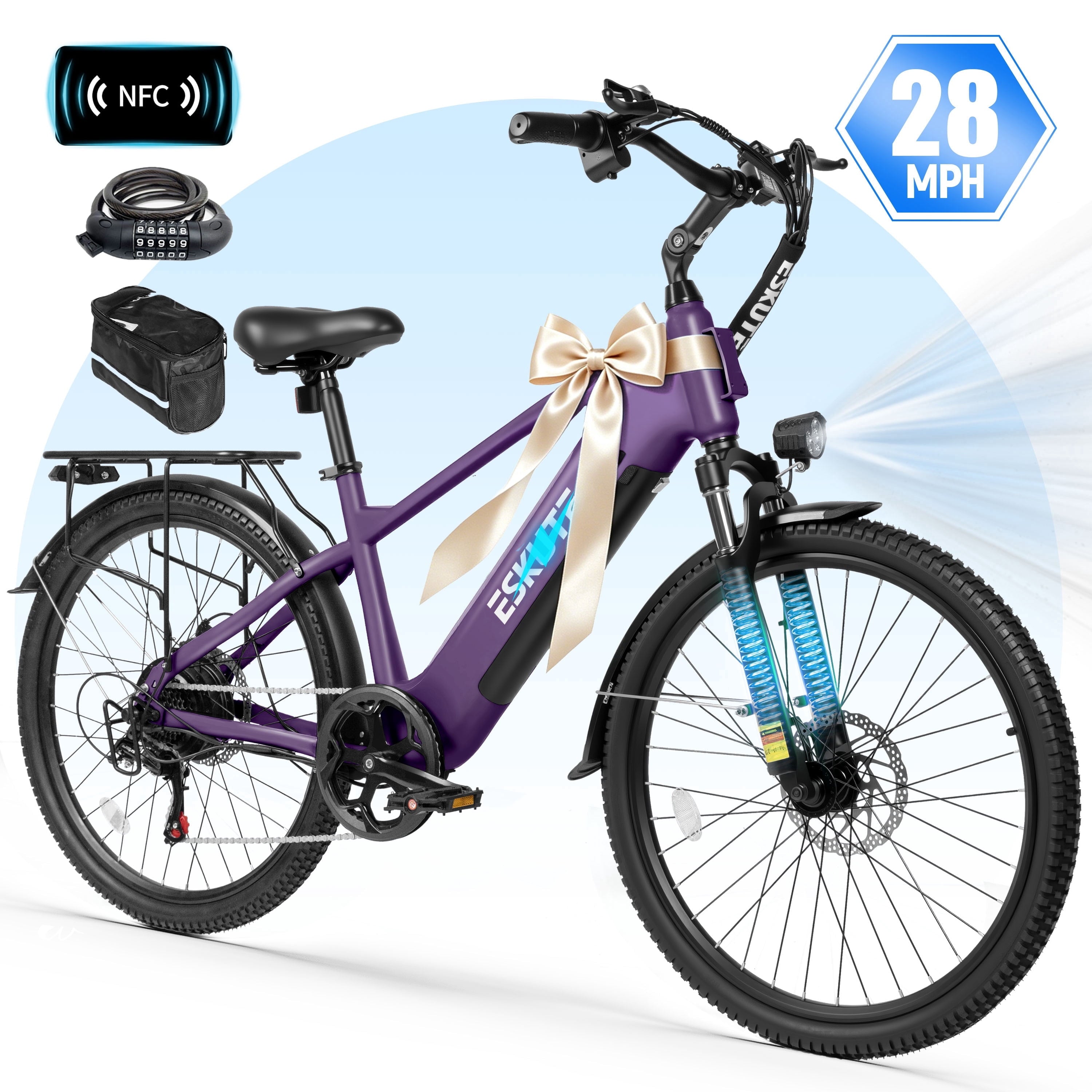 ESKUTE C200D 70-Mile Electric Bike for Adults, 840Wh Removable Battery, 1300W Peak Motor, Up to 28MPH, 26 Tires, 7-Speed Step-Over E-Bike White, UL2849