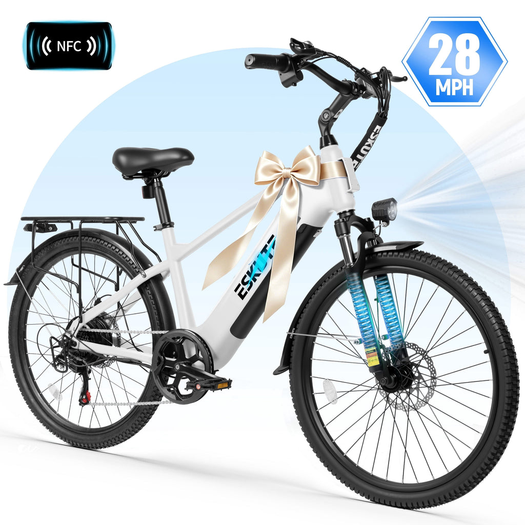 ESKUTE C200D 70-Mile Electric Bike for Adults, 840Wh Removable Battery, 1300W Peak Motor, Up to 28MPH, 26 Tires, 7-Speed Step-Over E-Bike White, UL2849