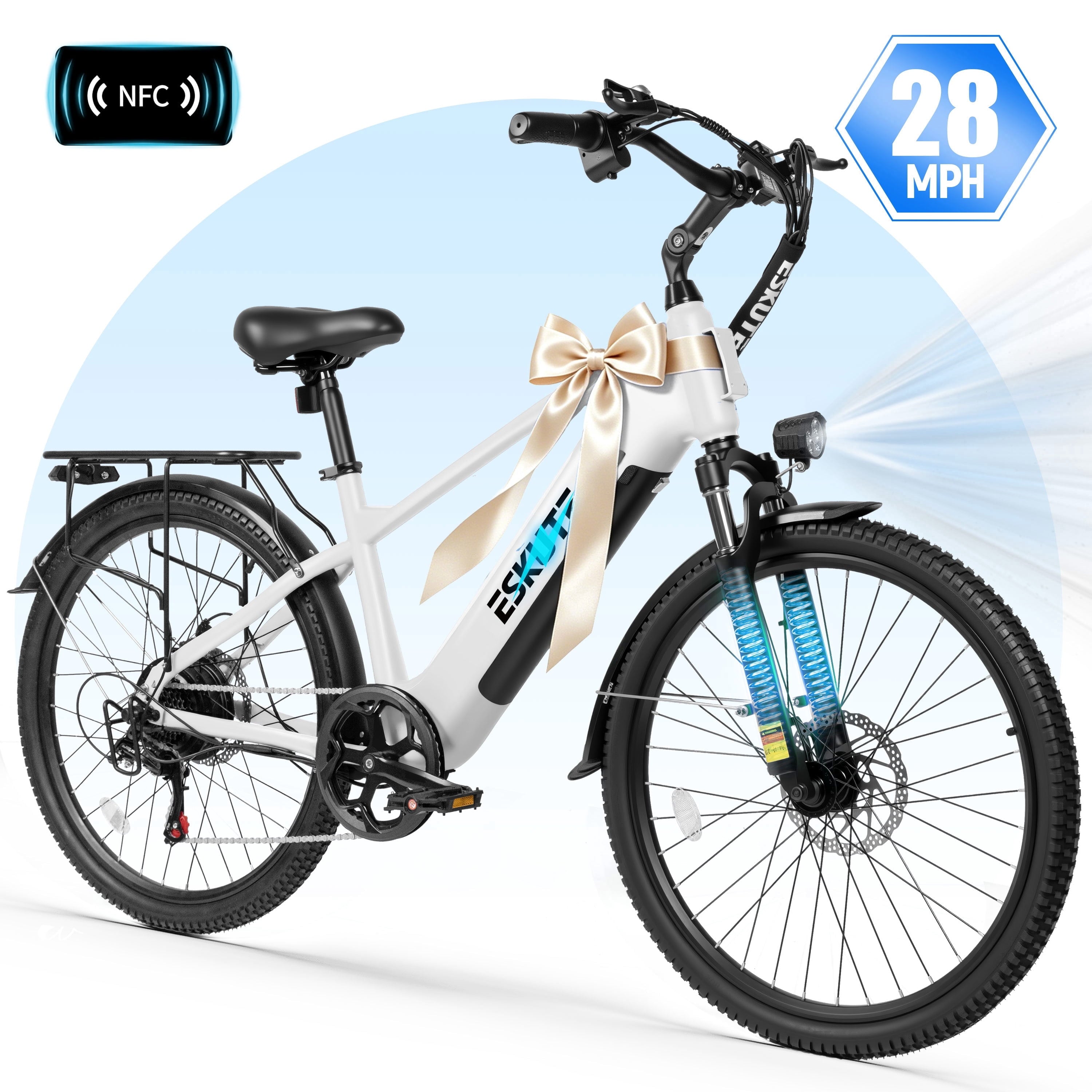 ESKUTE C200D 70-Mile Electric Bike for Adults, 840Wh Removable Battery, 1300W Peak Motor, Up to 28MPH, 26 Tires, 7-Speed Step-Over E-Bike White, UL2849