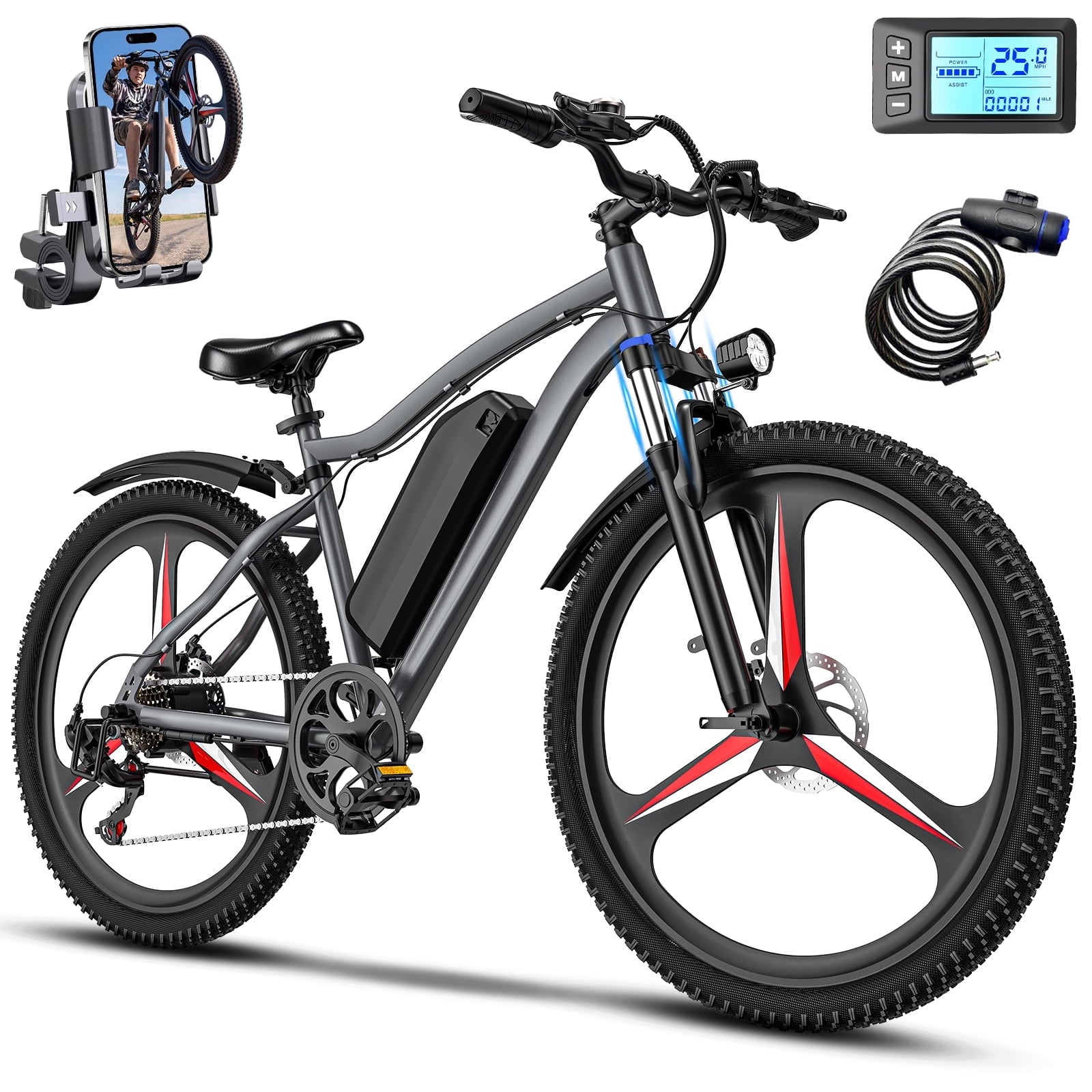 Electric Bike for Adults, 26 Commuter Ebikes with 7-Speed Gears, 25MPH, 720W Peak Motor, Removable Battery, 50 Miles Range, Electric Mountain Bicycle for All Terrain UL2849