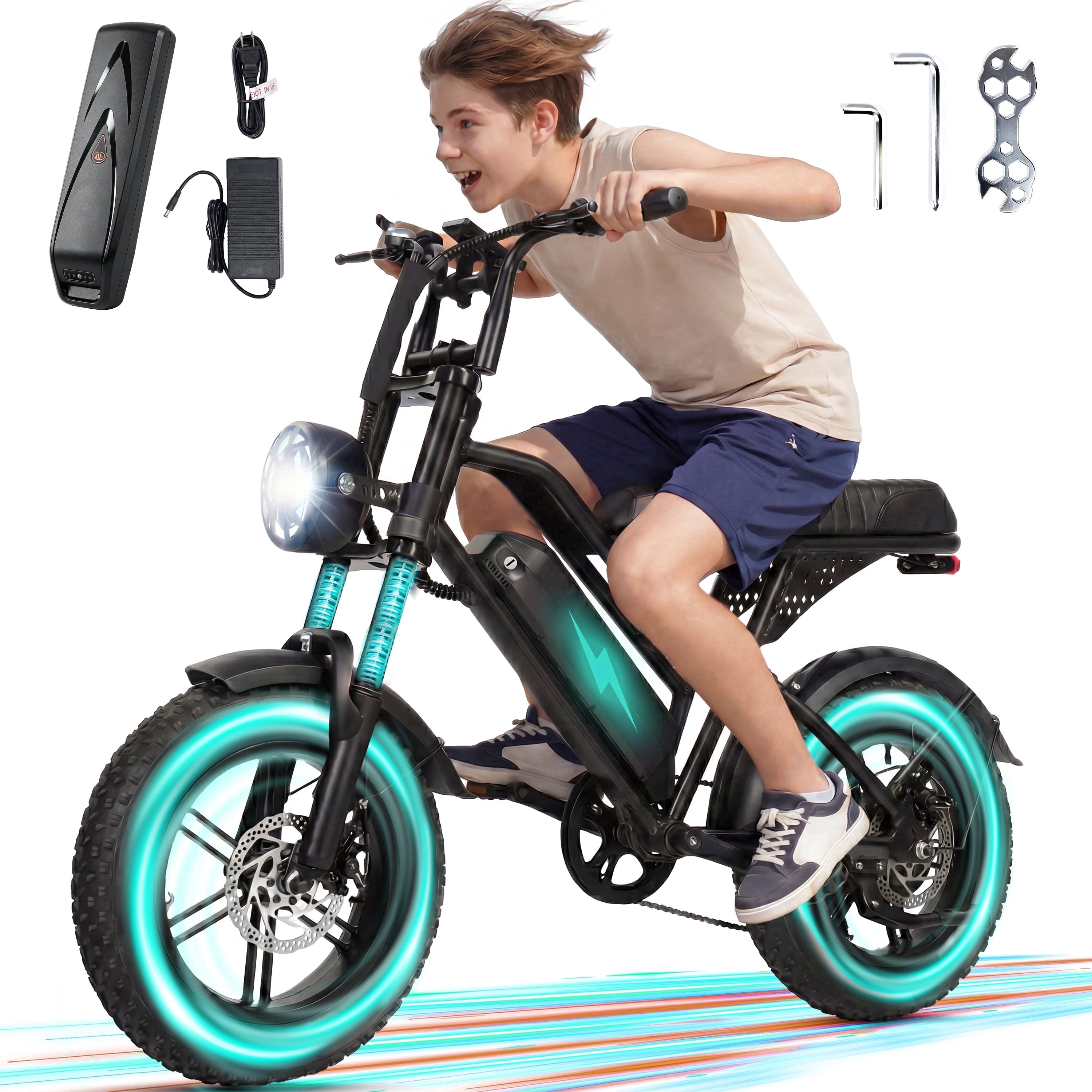 ESKUTE V100 Electric Bike for Teens Adults Students, 750W 28 Mph 48V 13 Ah,16x4.0 Fat Tire E Bicycle, 7-Speed Dual Suspension Mountain EBike Black, UL2849