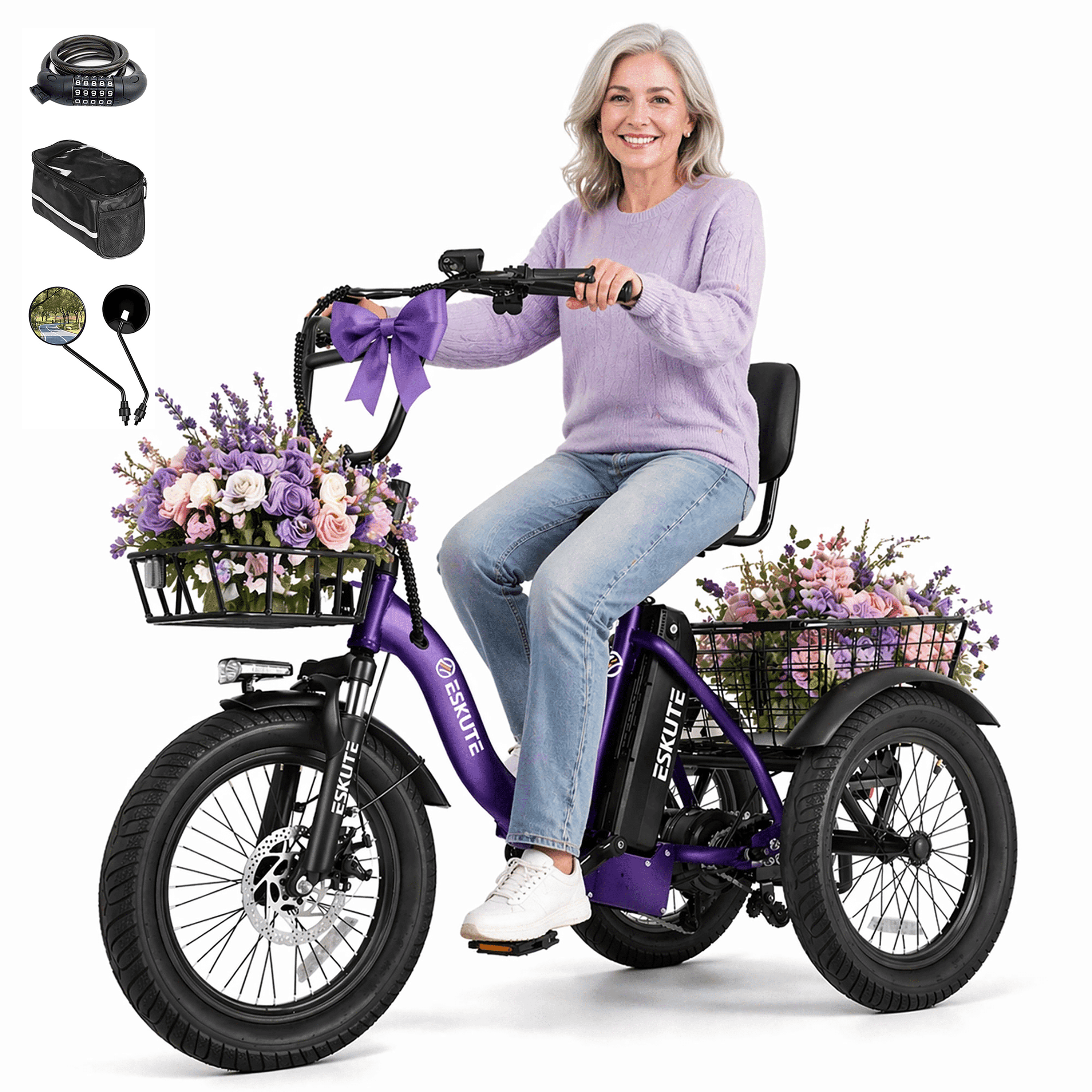 ESKUTE Electric Tricycle for Adults, 1200W Peak Motor, Up to 55 Miles Range, 624Wh Removable Battery, Folding 3-Wheel Ebike with 18x3.0 Fat Tires, Step-Through Red, UL2849