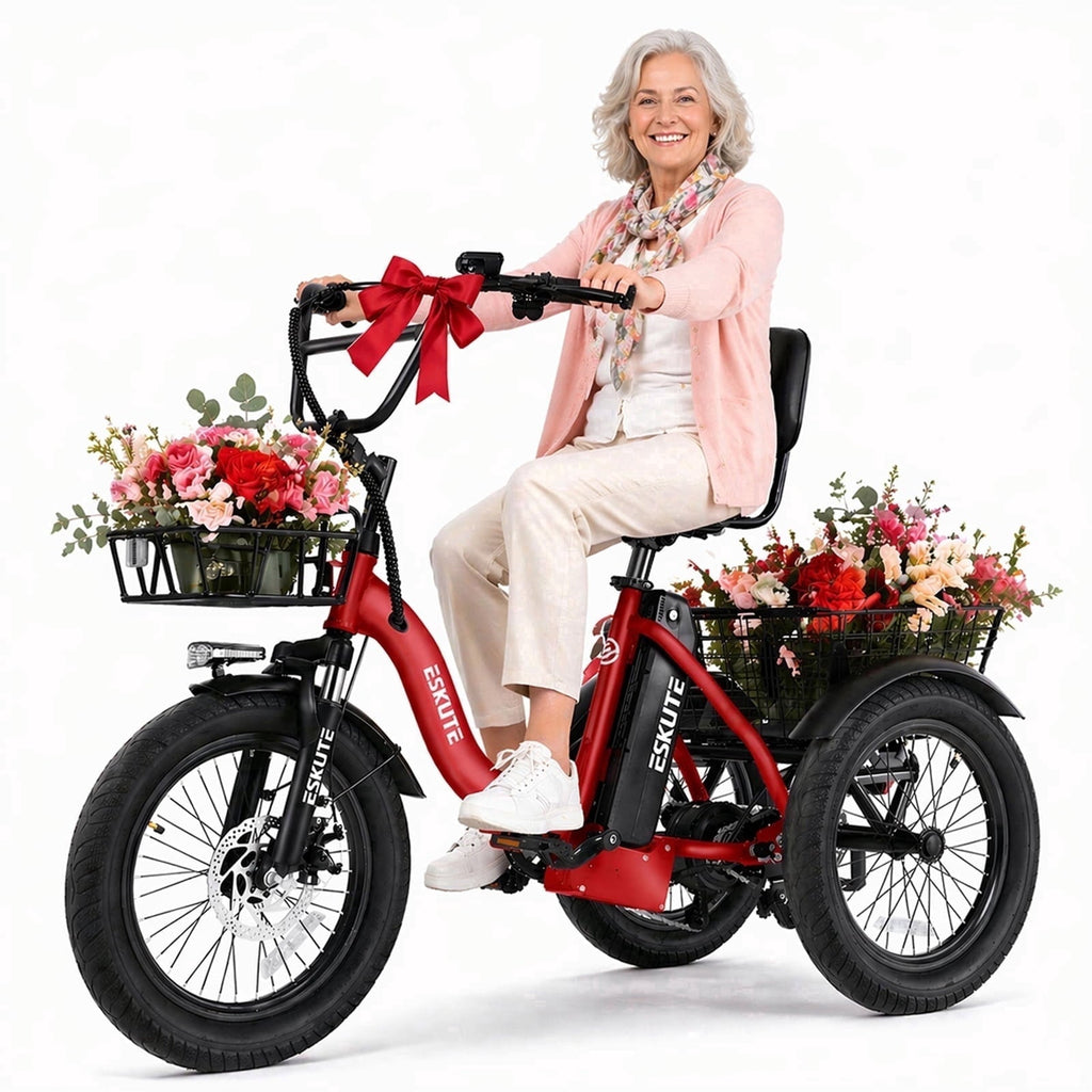 ESKUTE Electric Tricycle for Adults, 1200W Peak Motor, Up to 55 Miles Range, 624Wh Removable Battery, Folding 3-Wheel Ebike with 18x3.0 Fat Tires, Step-Through Red, UL2849