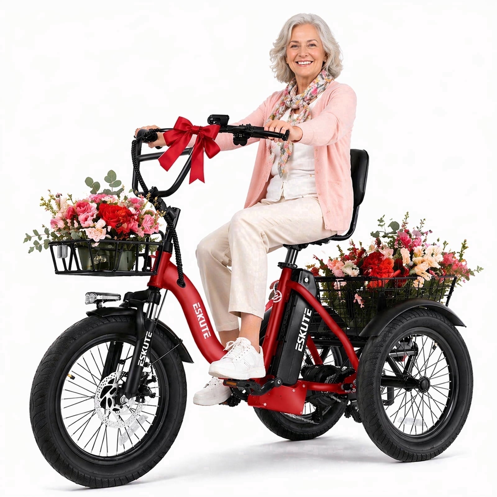 ESKUTE Electric Tricycle for Adults, 1200W Peak Motor, Up to 55 Miles Range, 624Wh Removable Battery, Folding 3-Wheel Ebike with 18x3.0 Fat Tires, Step-Through Red, UL2849