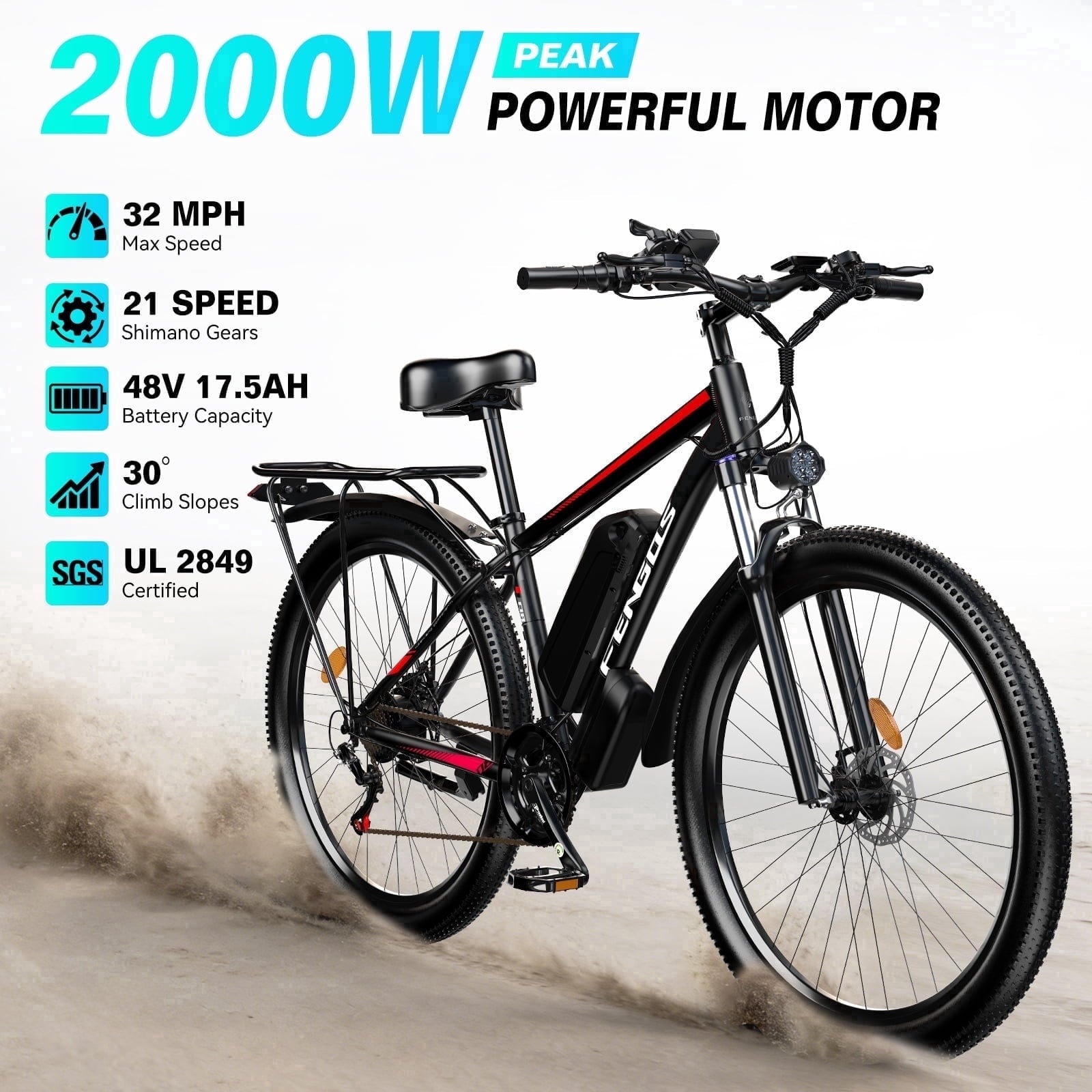 FENGQS 27.5 Electric Bike for Adults, 2000W Peak Power Motor Ebike, 35MPH 80Miles Electric Mountain Bike with 17.5AH Removable Battery-UL 2849, 21-Speed, White