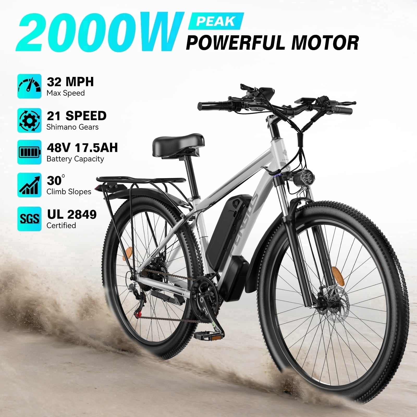 FENGQS 27.5 Electric Bike for Adults, 2000W Peak Power Motor Ebike, 35MPH 80Miles Electric Mountain Bike with 17.5AH Removable Battery-UL 2849, 21-Speed, White