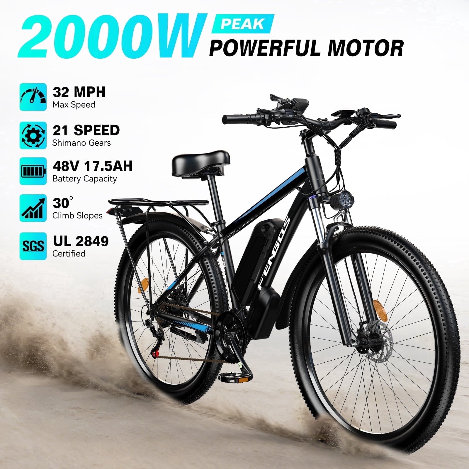 FENGQS 27.5 Electric Bike for Adults, 2000W Peak Power Motor Ebike, 35MPH 80Miles Electric Mountain Bike with 17.5AH Removable Battery-UL 2849, 21-Speed, White