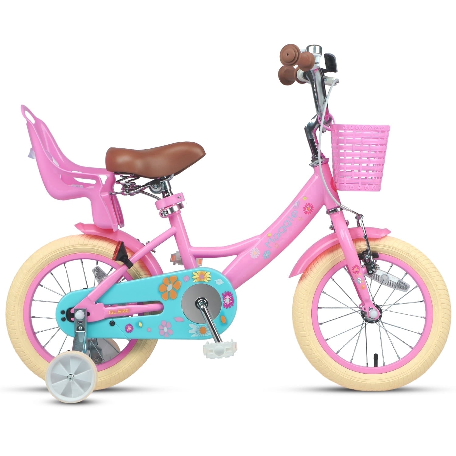 Glerc Maggie 14 inch Kids Girls Bike for Ages 3-5 Years Old Children, Princess Style Kids Bicycle with Doll-Seat & Basket & Training Wheels, Pink