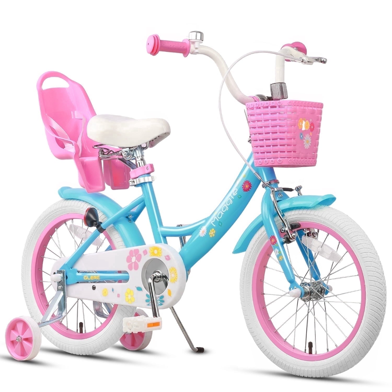 Glerc Maggie 14 inch Kids Girls Bike for Ages 3-5 Years Old Children, Princess Style Kids Bicycle with Doll-Seat & Basket & Training Wheels, Pink