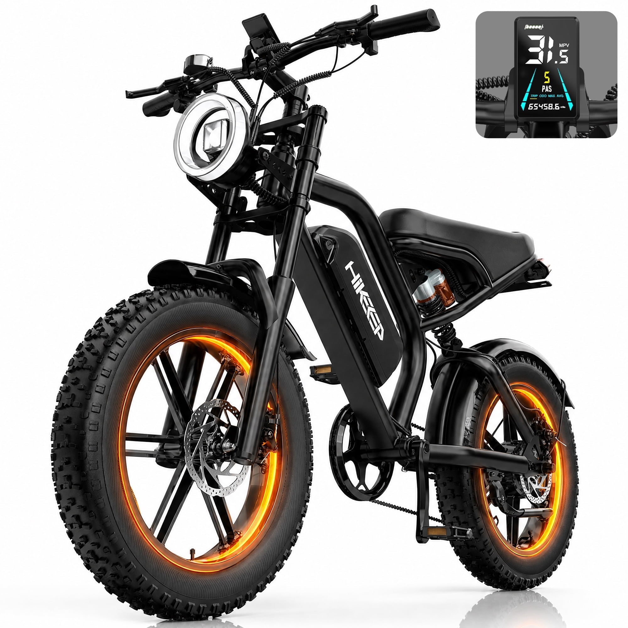 GlobalKeep 1500W Peak Electric Mountain Bike, 20 Fat Tire 32MPH Ebikes for Adults , 48V 15.6Ah Removable Battery, Full Suspension UL2849
