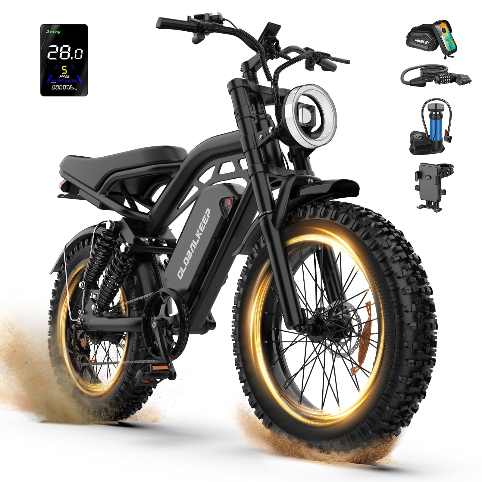 GlobalKeep Electric Mountain Bike for Adults, Peak 1500W Motor, 20x4 Fat Tire E Bicycle, 48V/15.6Ah Battery UL2849