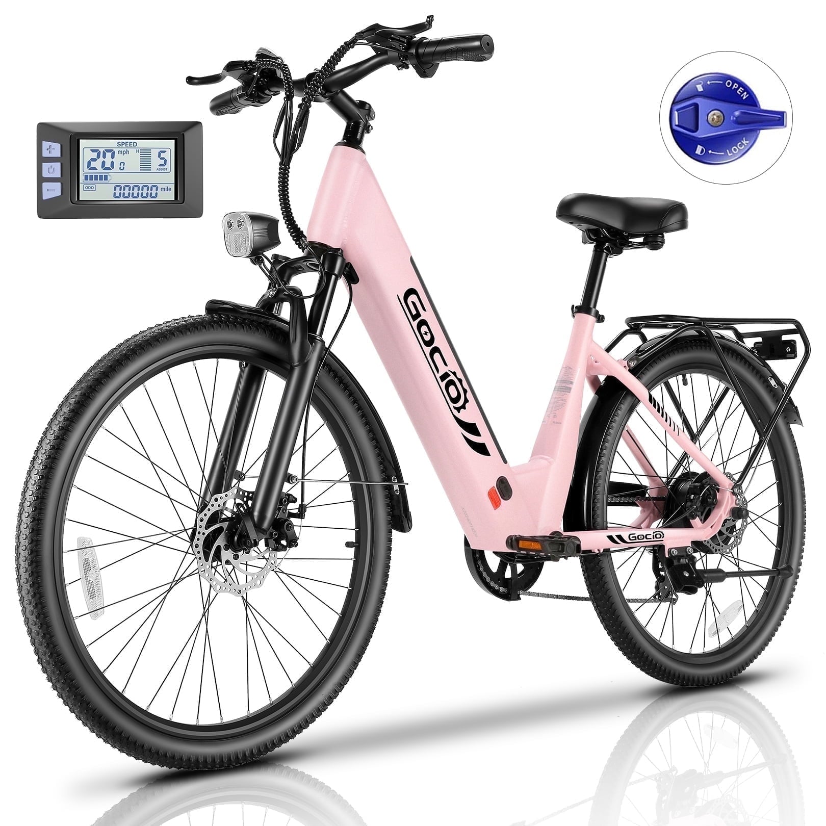 Gocio 26 x 2.1 Electric Bike for Adults, 500W Commuter Ebike, 48V 720wh Built-in Battery, 5 Riding Modes, Max 60 Miles, LCD, Lockable Front Suspension Step Thru E Bikes UL 2849