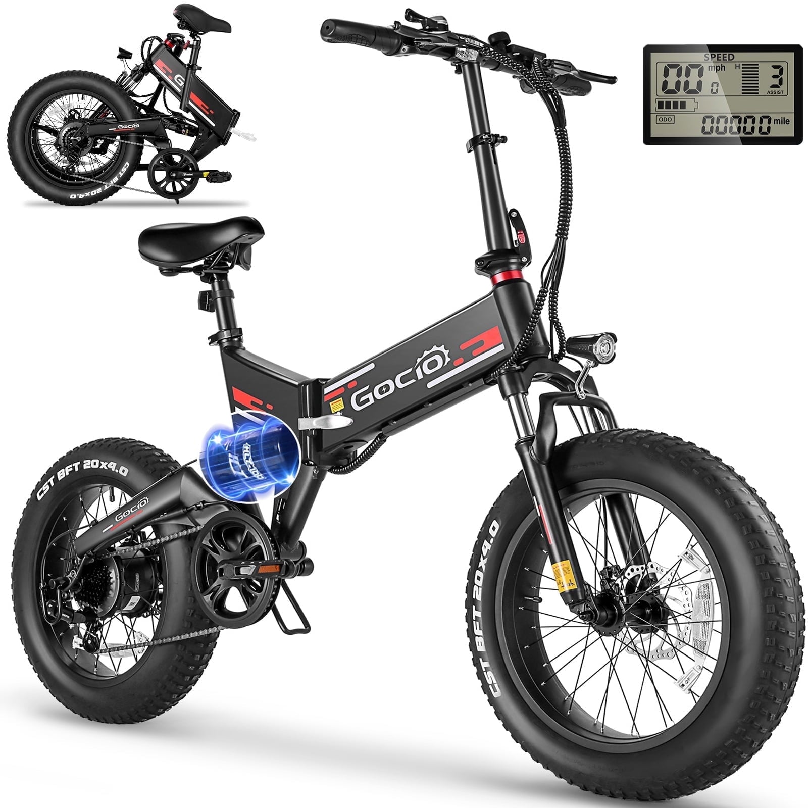 Gocio Foldable Electric Bikes Adult 20x4 Fat Tire Electric Bike, 48V 10.4Ah, 500W Electric Mountain Bike Full Suspension, LCD, Shimano 7 Speed Electric Cruiser Bicycle UL2849 Certified