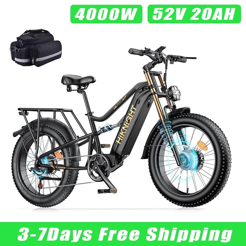 HiKNiGHT 4000W Dual Motor Electric Bike for Adults, 52V 20Ah Battery, 40 MPH & 90 Miles Range, 24 x 4.0 Fat Tire E-Bike, Dual Hydraulic Brakes, Full Suspension, H6 Pro (Black White) with Bag