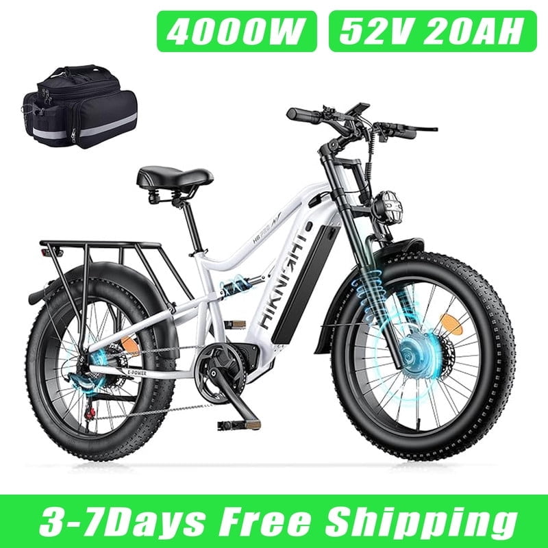 HiKNiGHT 4000W Dual Motor Electric Bike for Adults, 52V 20Ah Battery, 40 MPH & 90 Miles Range, 24 x 4.0 Fat Tire E-Bike, Dual Hydraulic Brakes, Full Suspension, H6 Pro (Black White) with Bag