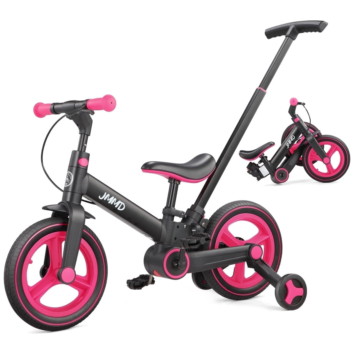 JMMD Toddler Bike with Push Handle for Kid 18-60 Months, 6 in 1 Foldable Tricycle with Training Wheel, Pedals, Kid Balance Bike for Boy & Girl, Black