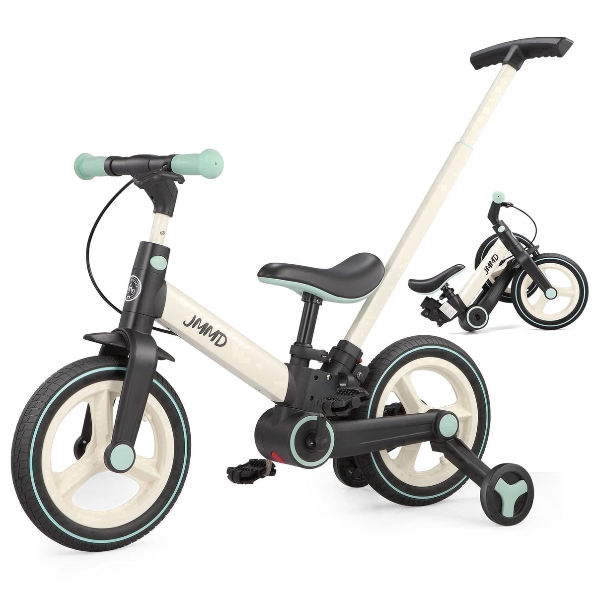 JMMD Toddler Bike with Push Handle for Kid 18-60 Months, 6 in 1 Foldable Tricycle with Training Wheel, Pedals, Kid Balance Bike for Boy & Girl, Black
