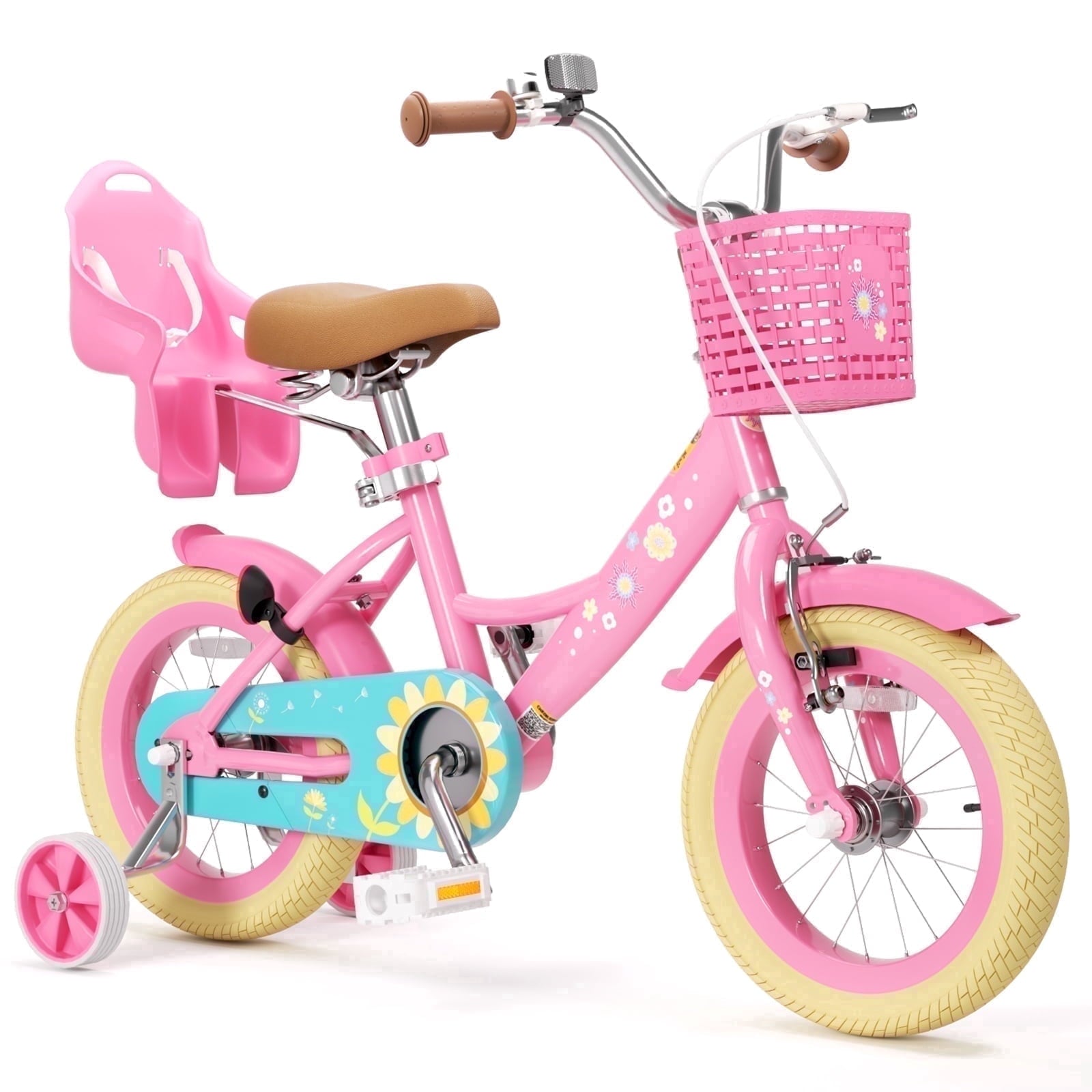 KORIMEFA Bikes for Girls 3-6 Years Old Toddlers, 12 inch Girls Bike with Training Wheels, Basket and Doll Seat, Children Bicycles with Handbrake, White
