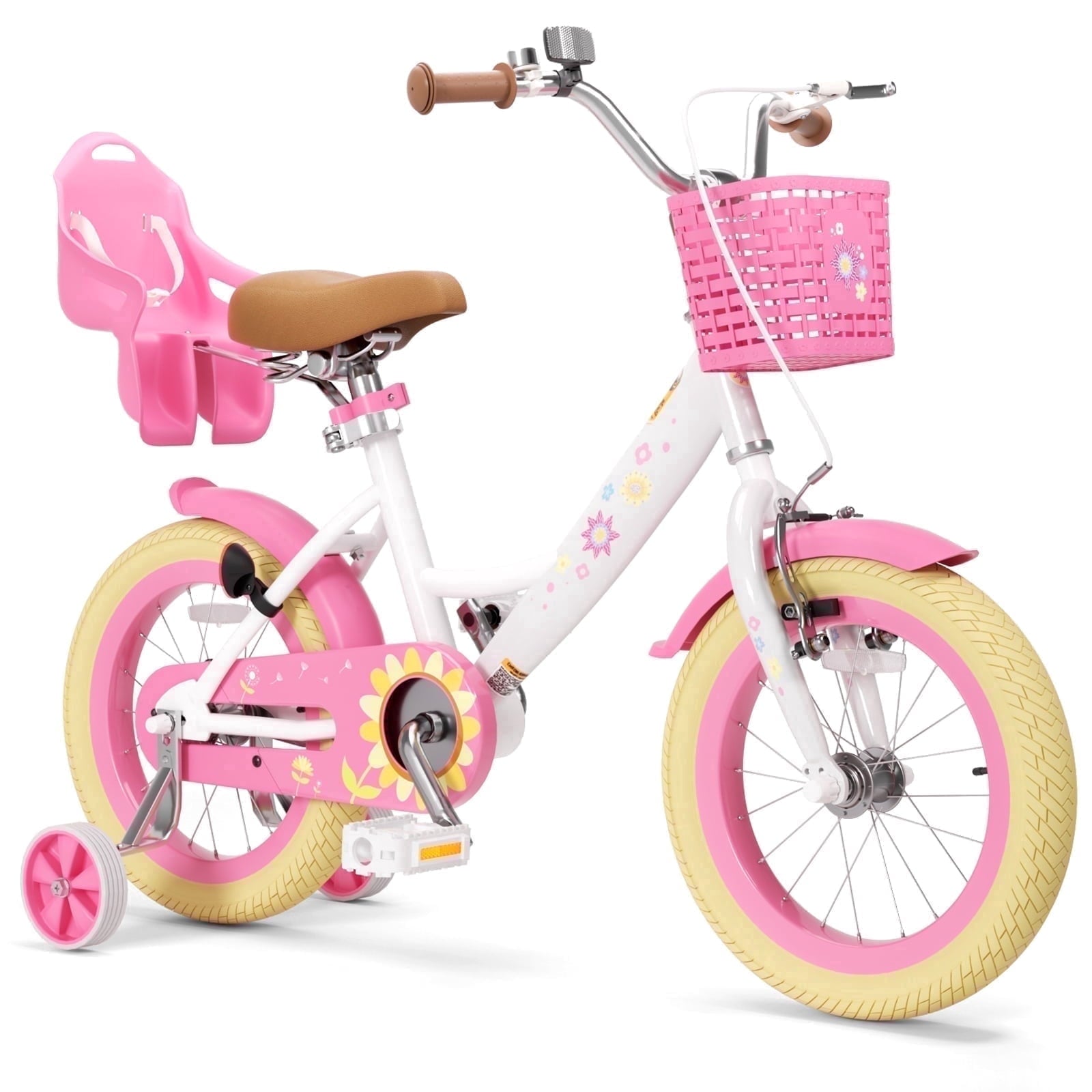 Korimefa Girls Bike for 3-9 Years Old Kids, 12 14 16 inch Kids Bike with Training Wheels, Basket and Doll Seat, Children Bicycles with Handbrake, Pink