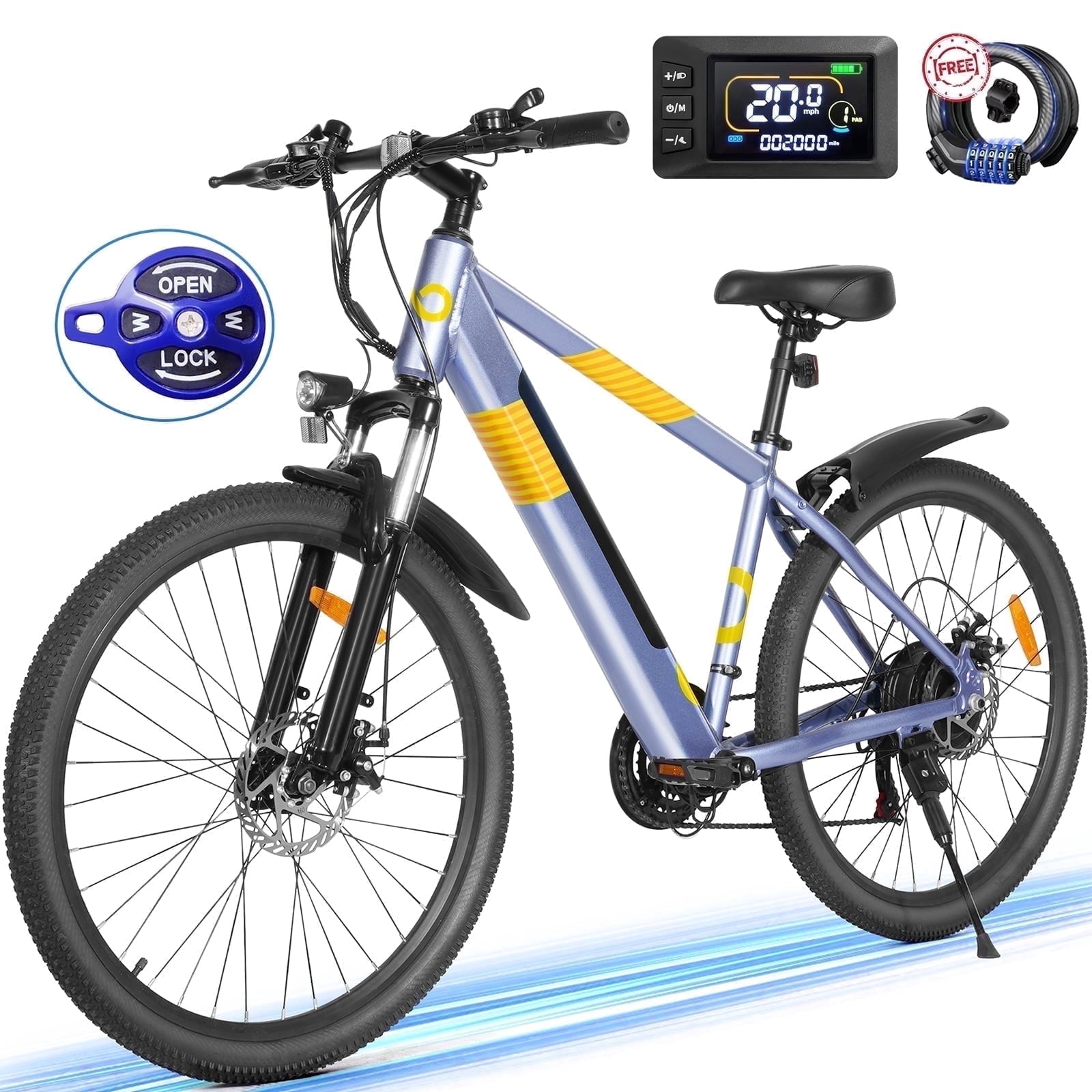 MIHOVER 26Electric Bike for Adults 350W 20MPH, 36V Removable Battery 7-Speed, UL2849 Certified City & Light Off-Road E-Bike with Lock -Black
