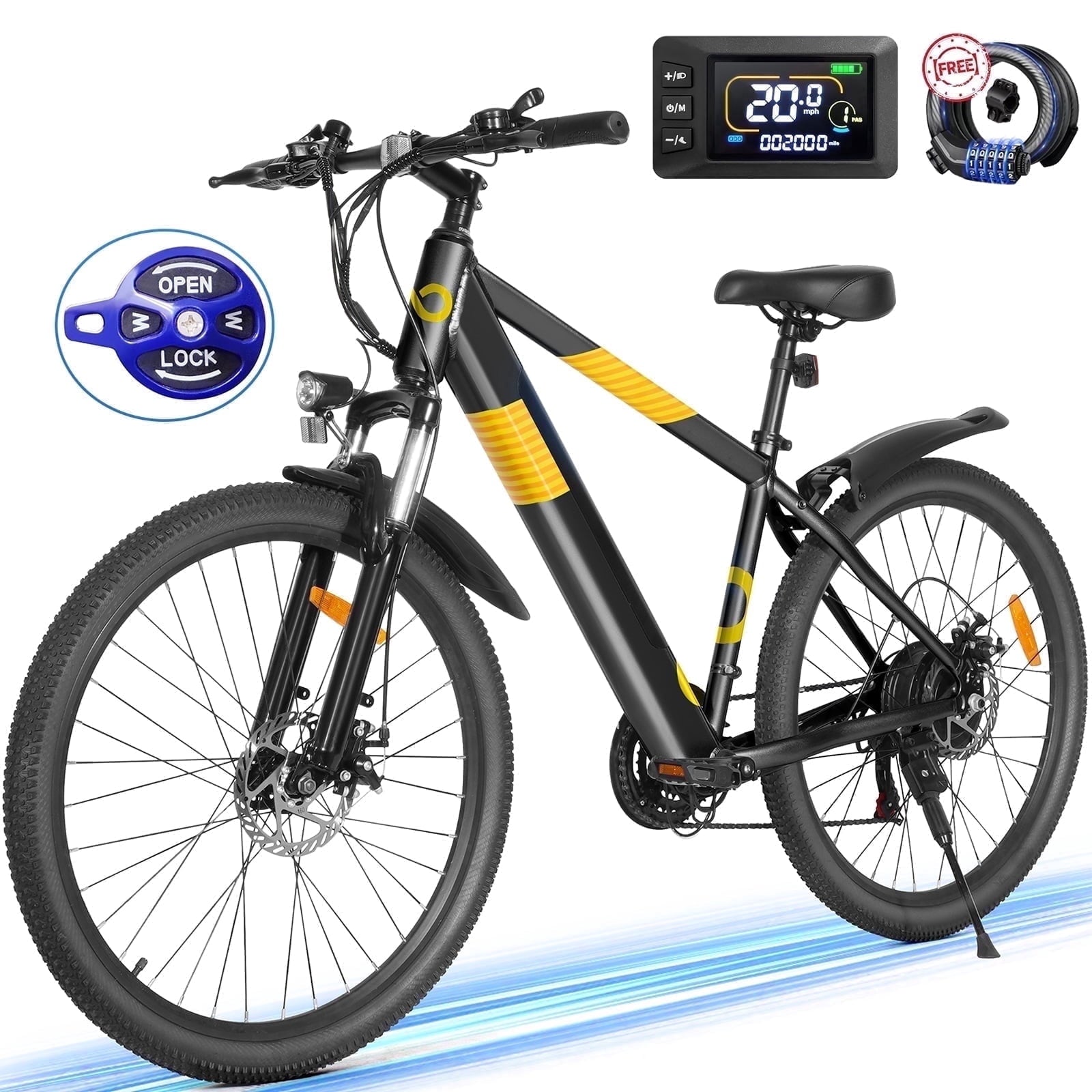 MIHOVER 26Electric Bike for Adults 350W 20MPH, 36V Removable Battery 7-Speed, UL2849 Certified City & Light Off-Road E-Bike with Lock -Black