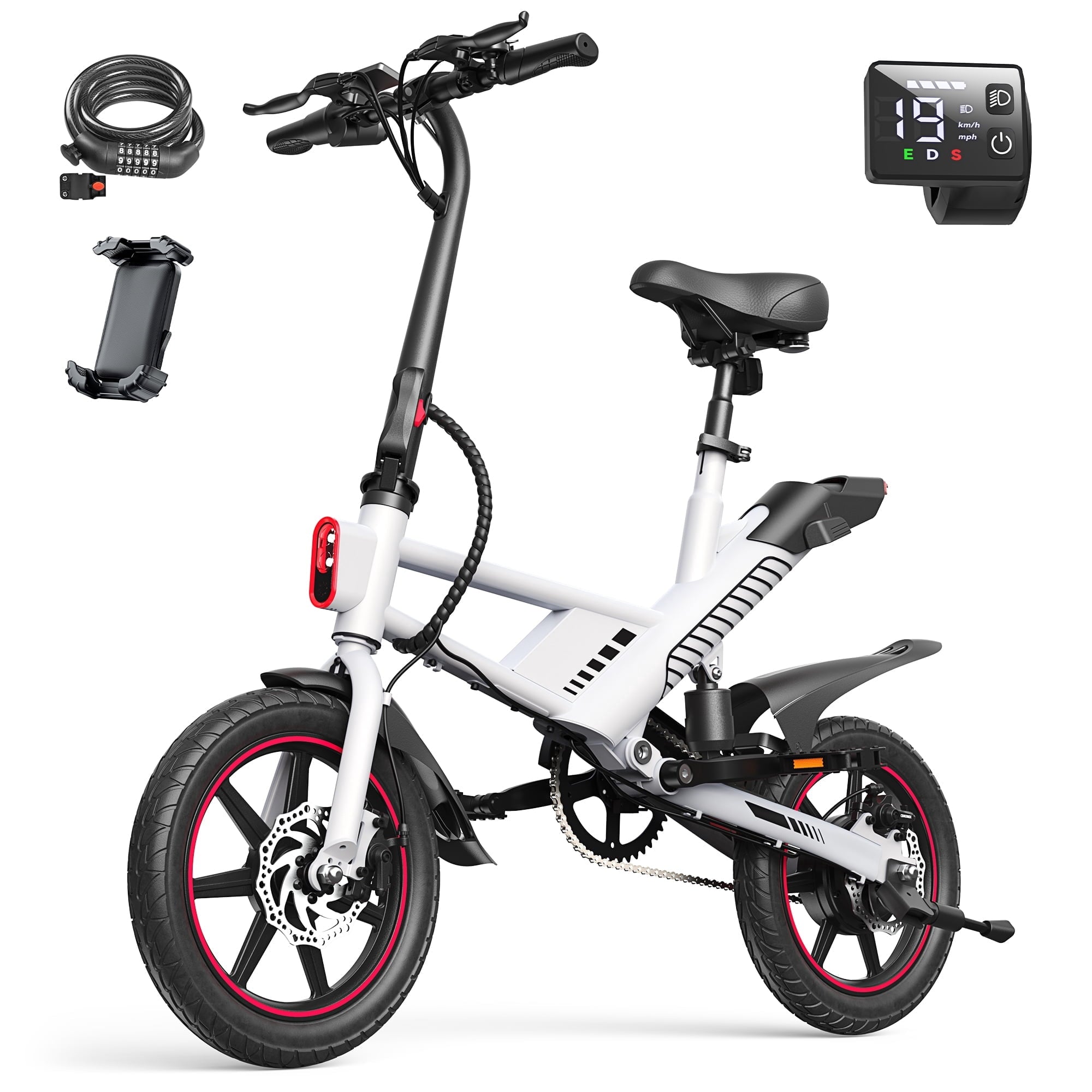 MIHOVER 14 Mini Electric Bike for Adults & Students, 3 Modes 30 Miles Range Rear Suspension,  E-Bike with Phone Holder & Lock, UL2849 Certified-Black