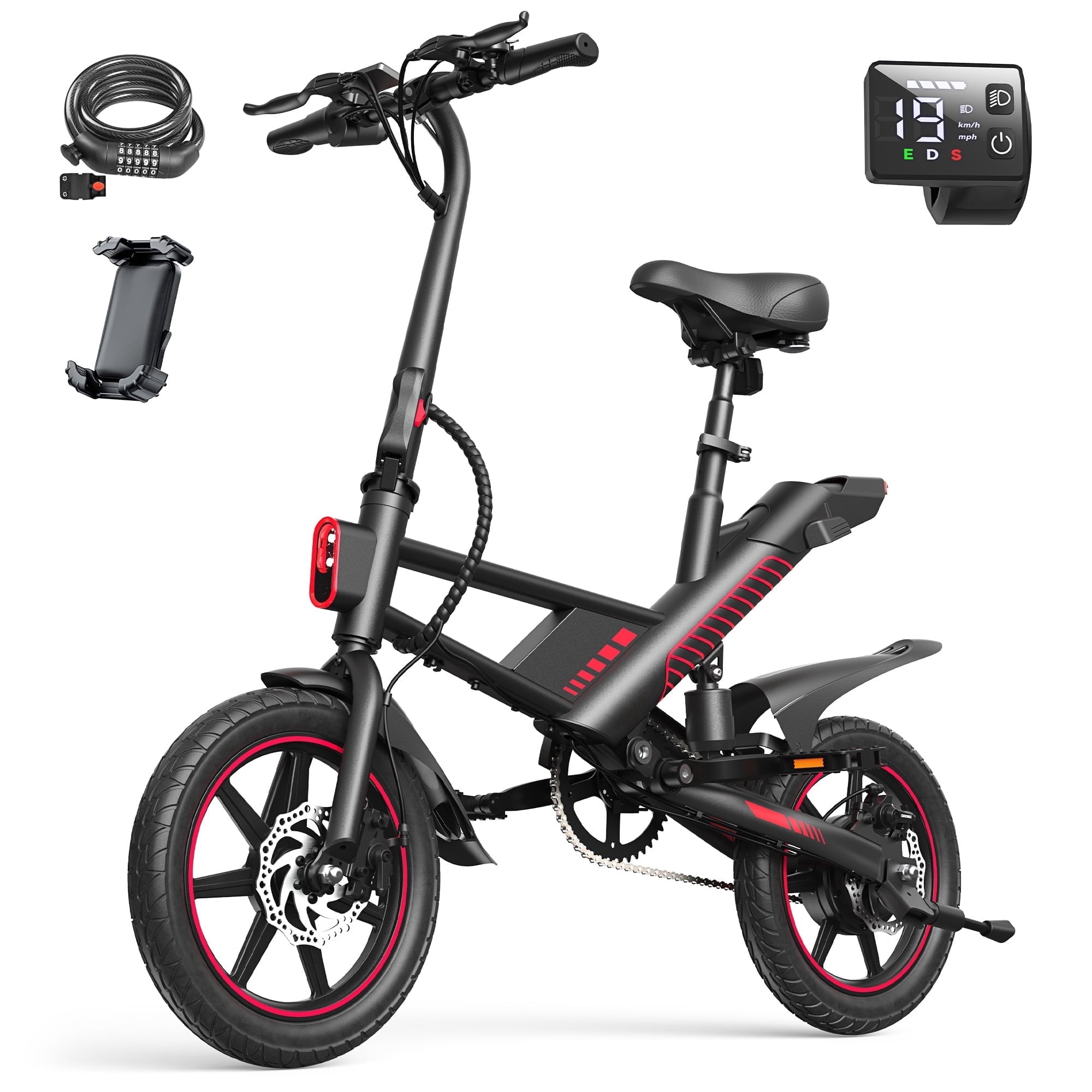 MIHOVER 14 Mini Electric Bike for Adults & Students, 3 Modes 30 Miles Range Rear Suspension,  E-Bike with Phone Holder & Lock, UL2849 Certified-Black