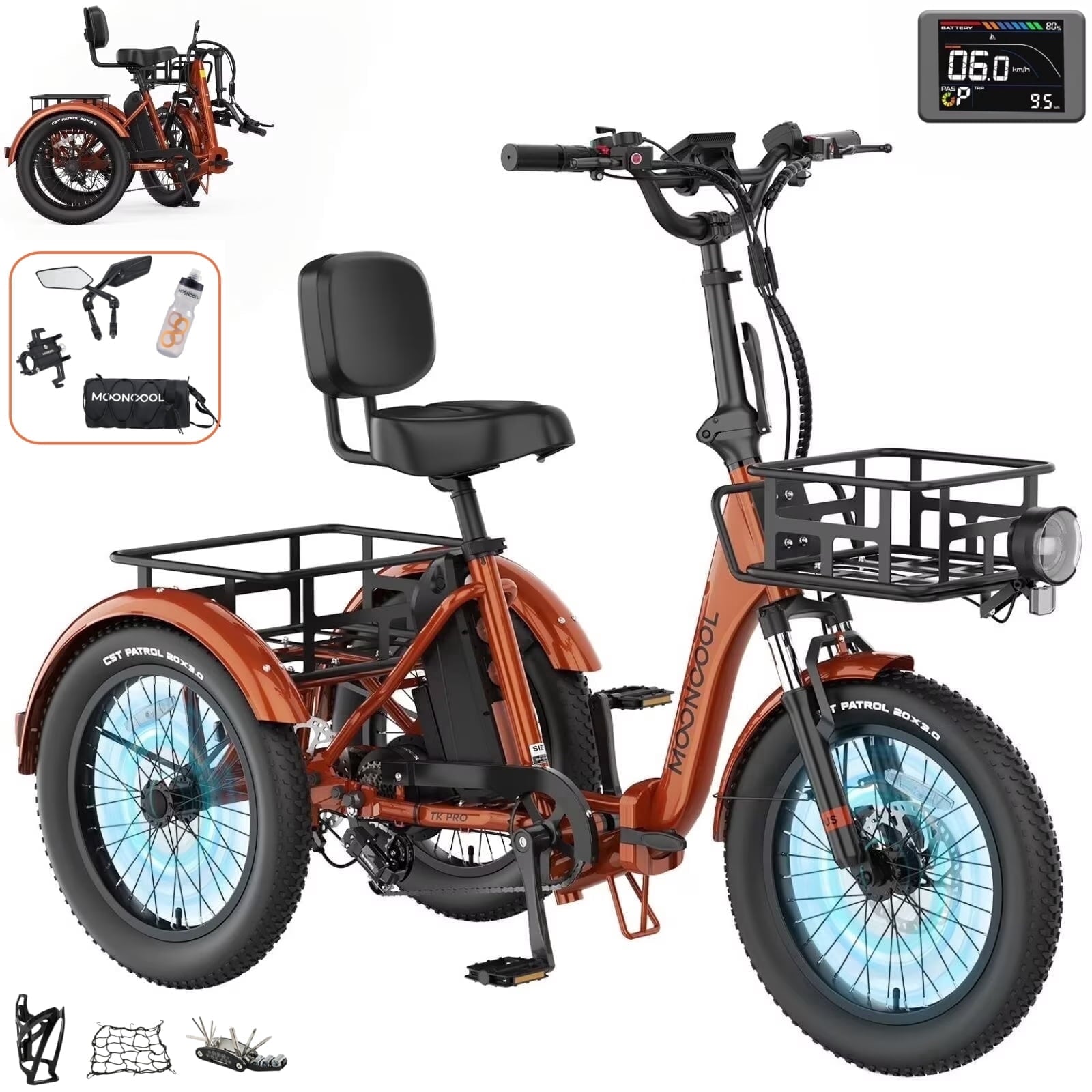 MOONCOOL TK Pro Foldable Electric Tricycle W/ Rearview mirror accessory Kit, 1500W Motor 48V 20Ah Battery, 20 Fat Tire Three Wheel 6-Speed Electric Mountain Bicycle for Adults