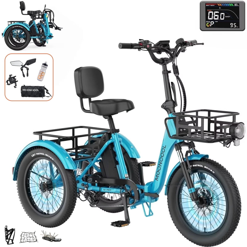 MOONCOOL TK Pro Foldable Electric Tricycle W/ Rearview mirror accessory Kit, 1500W Motor 48V 20Ah Battery, 20 Fat Tire Three Wheel 6-Speed Electric Mountain Bicycle for Adults