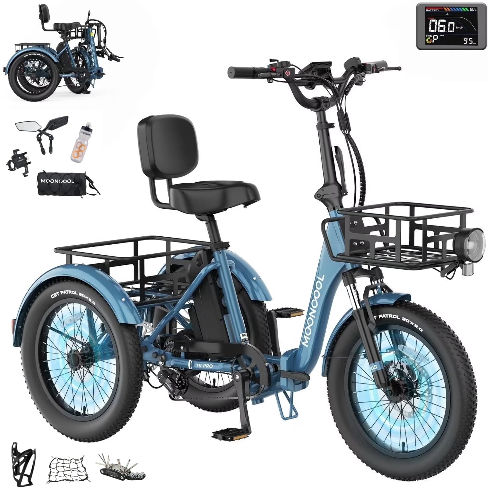 MOONCOOL TK Pro Foldable Electric Tricycle W/ Rearview mirror accessory Kit, 1500W Motor 48V 20Ah Battery, 20 Fat Tire Three Wheel 6-Speed Electric Mountain Bicycle for Adults